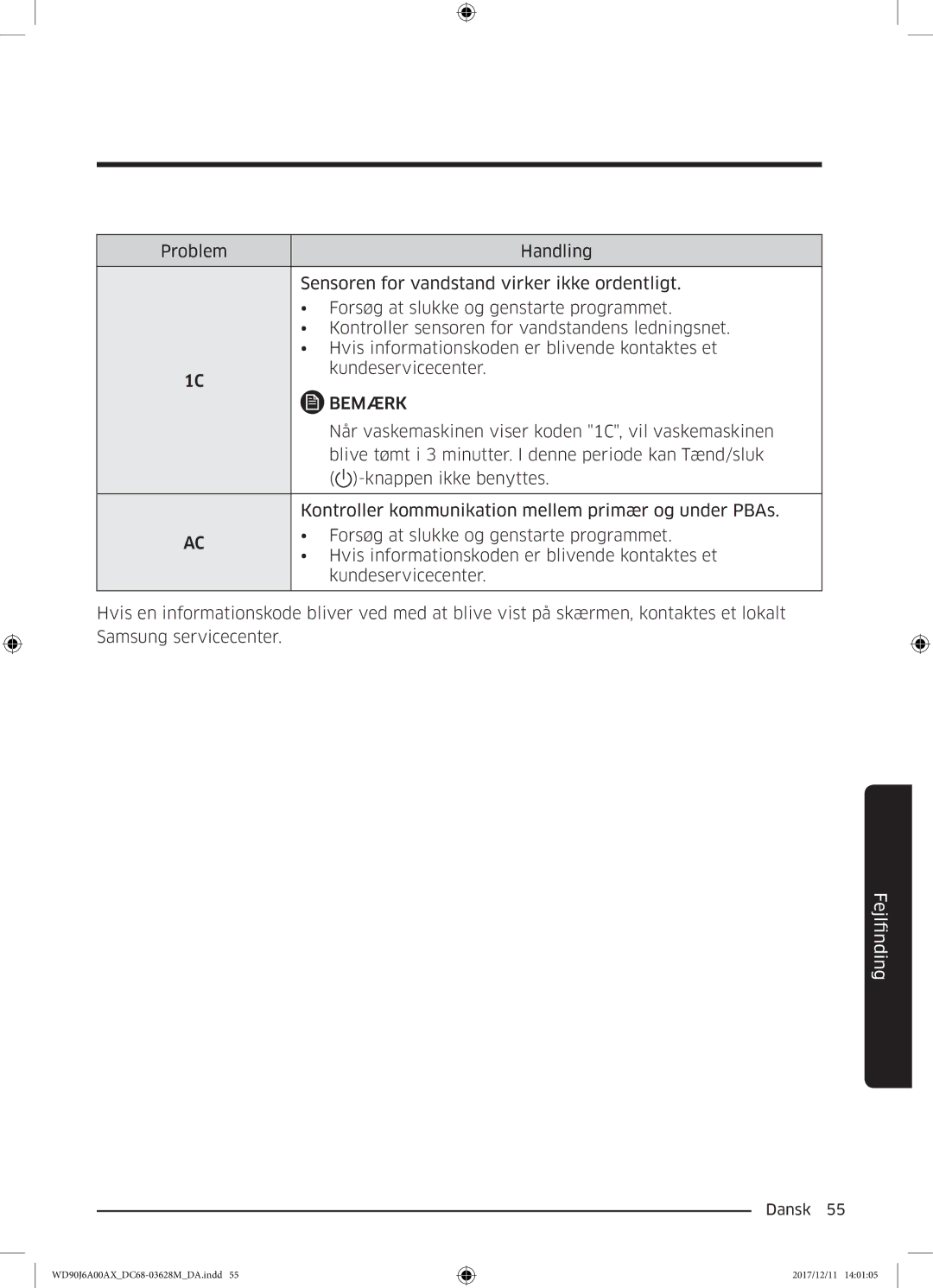 Samsung WD80J6A00AW/EE, WD90J6A00AX/EE, WD90J6A00AW/EE manual Når vaskemaskinen viser koden 1C, vil vaskemaskinen 