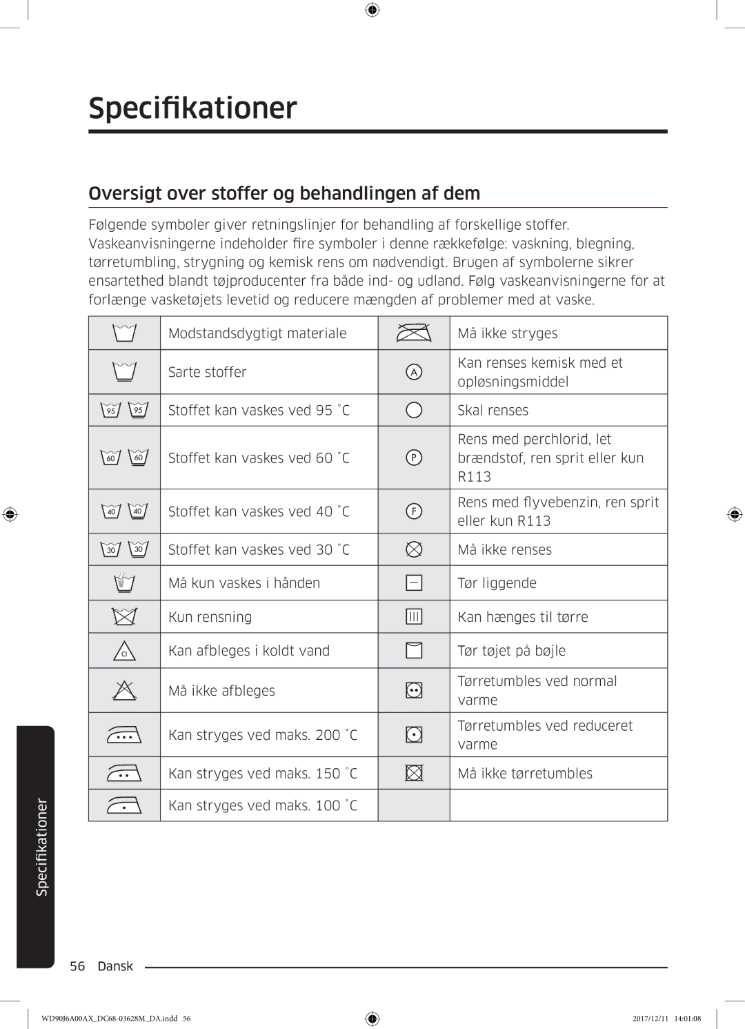 Samsung WD90J6A00AX/EE, WD90J6A00AW/EE, WD80J6A00AW/EE manual Specifikationer, Oversigt over stoffer og behandlingen af dem 