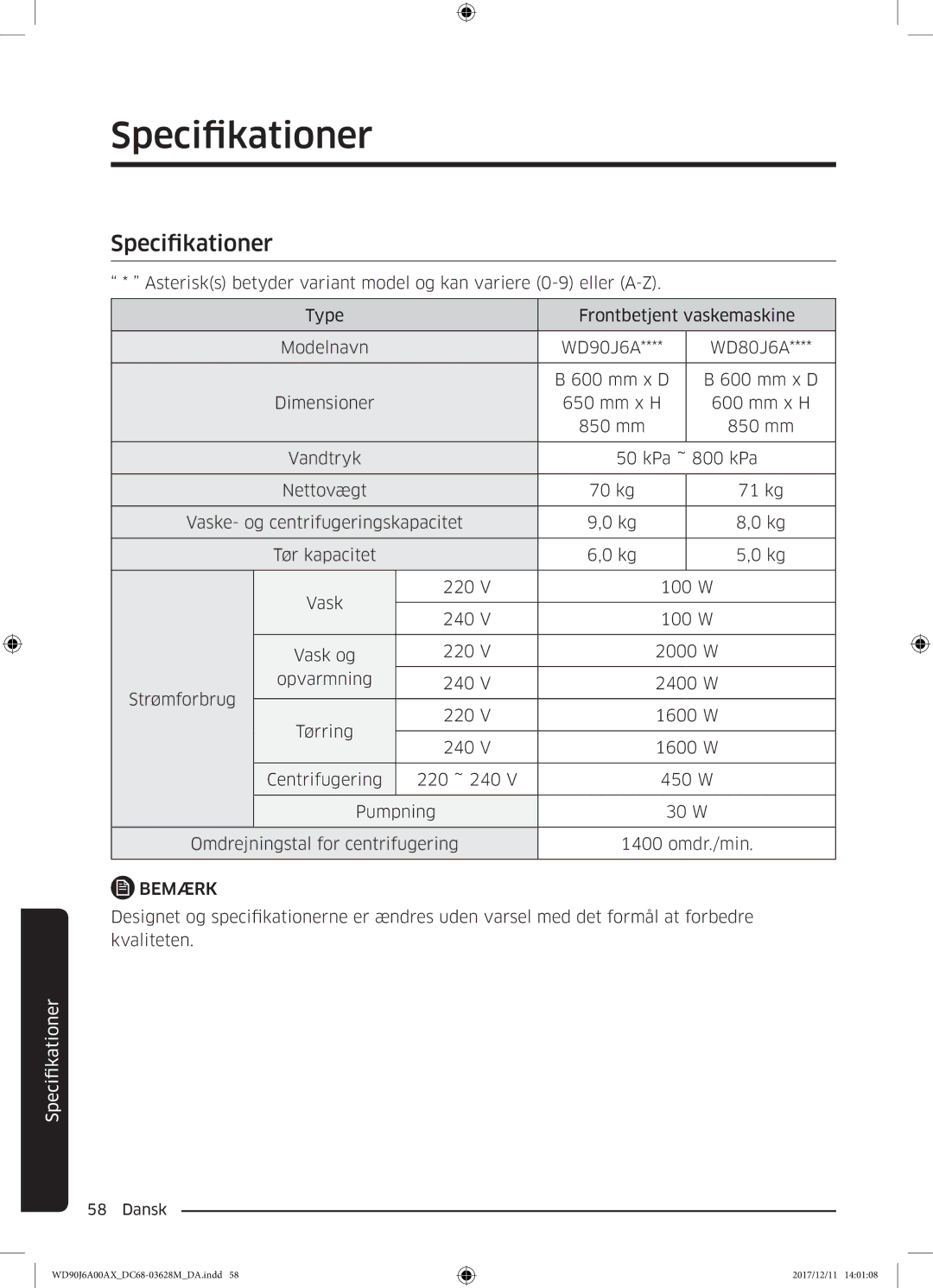 Samsung WD80J6A00AW/EE, WD90J6A00AX/EE, WD90J6A00AW/EE manual Specifikationer 