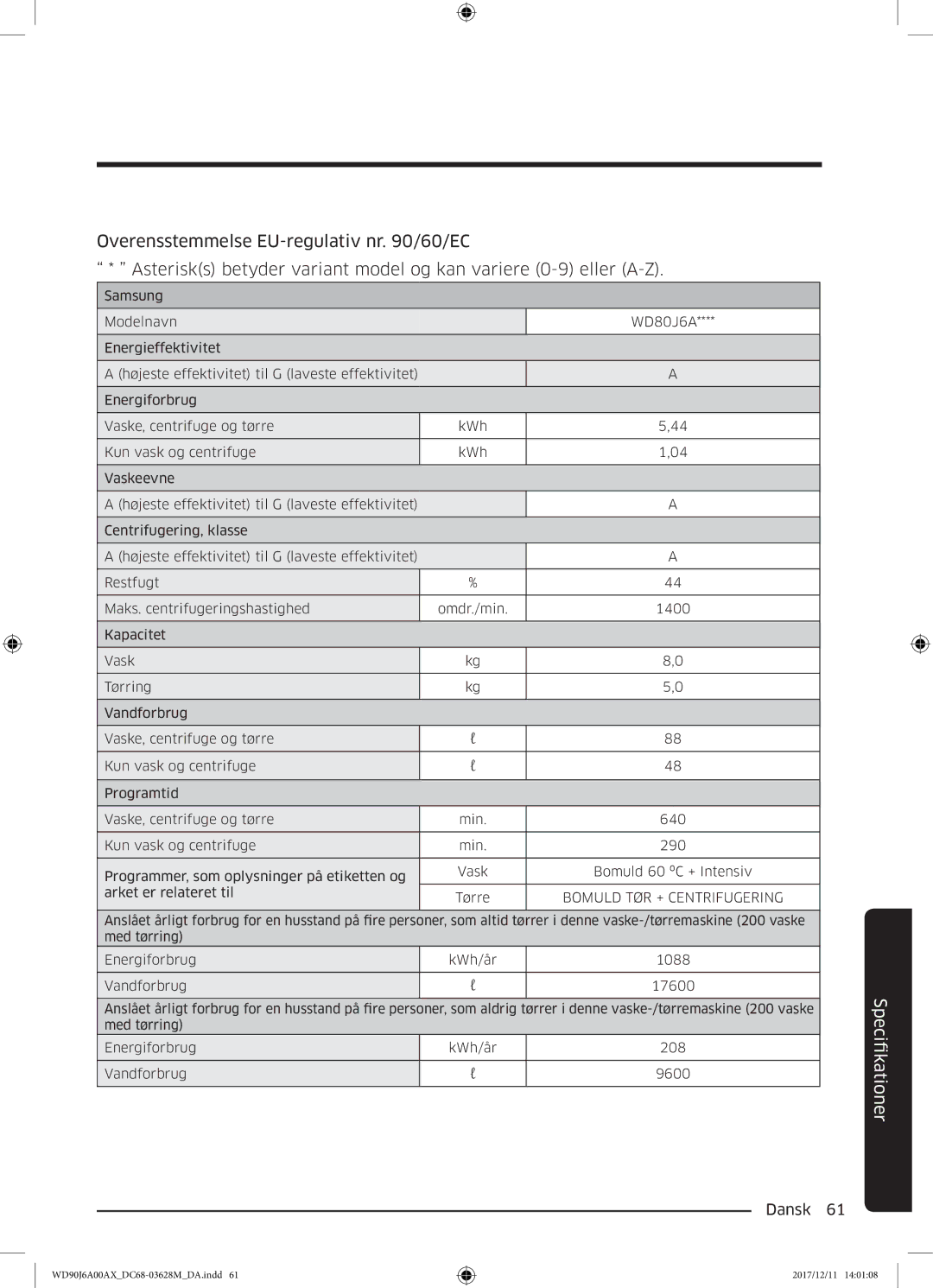 Samsung WD80J6A00AW/EE, WD90J6A00AX/EE, WD90J6A00AW/EE manual FikationerSpci 