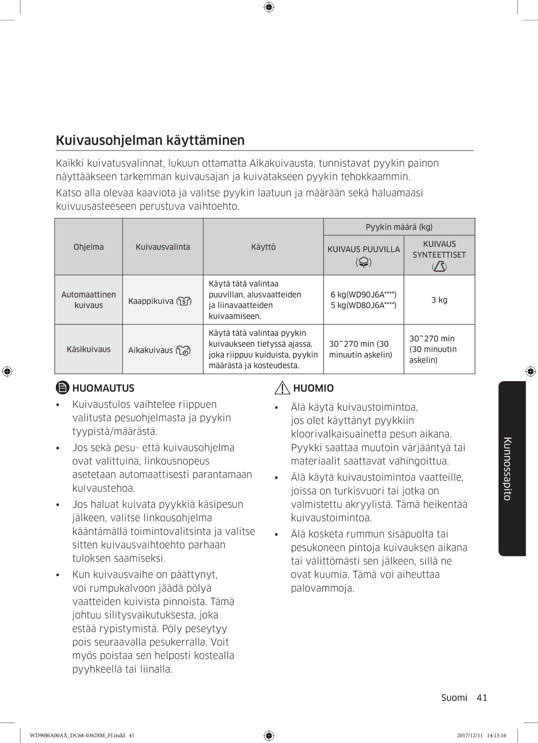 Samsung WD90J6A00AW/EE, WD90J6A00AX/EE, WD80J6A00AW/EE manual Kuivausohjelman käyttäminen, Synteettiset 