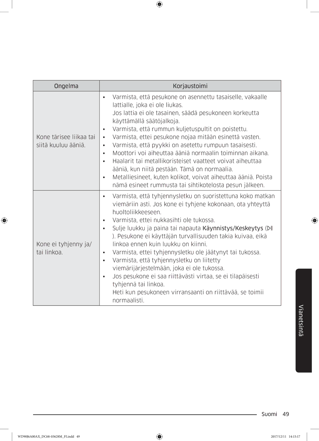 Samsung WD90J6A00AX/EE, WD90J6A00AW/EE, WD80J6A00AW/EE manual Vianetsintä 