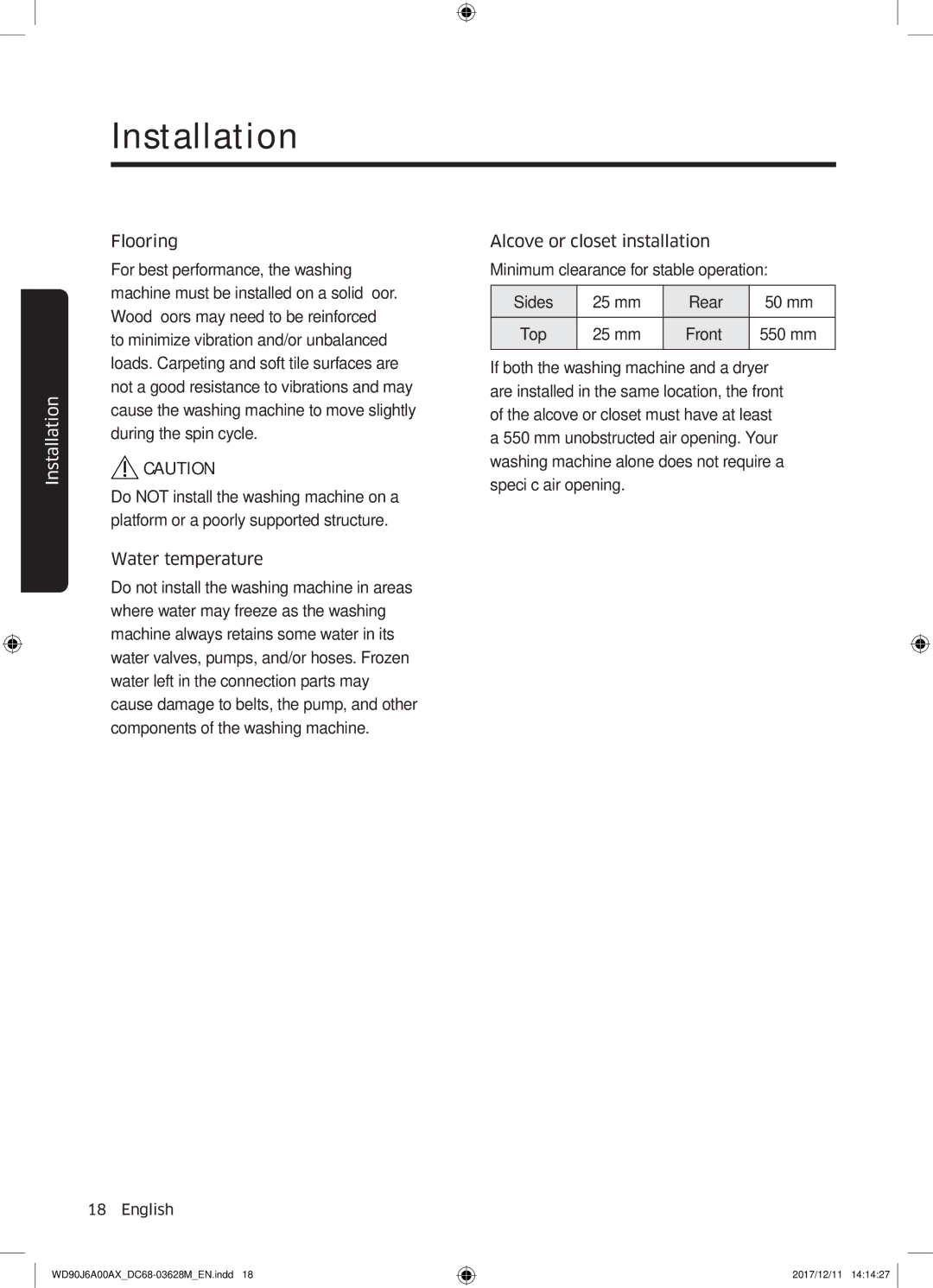 Samsung WD90J6A00AX/EE, WD90J6A00AW/EE, WD80J6A00AW/EE manual Installation 