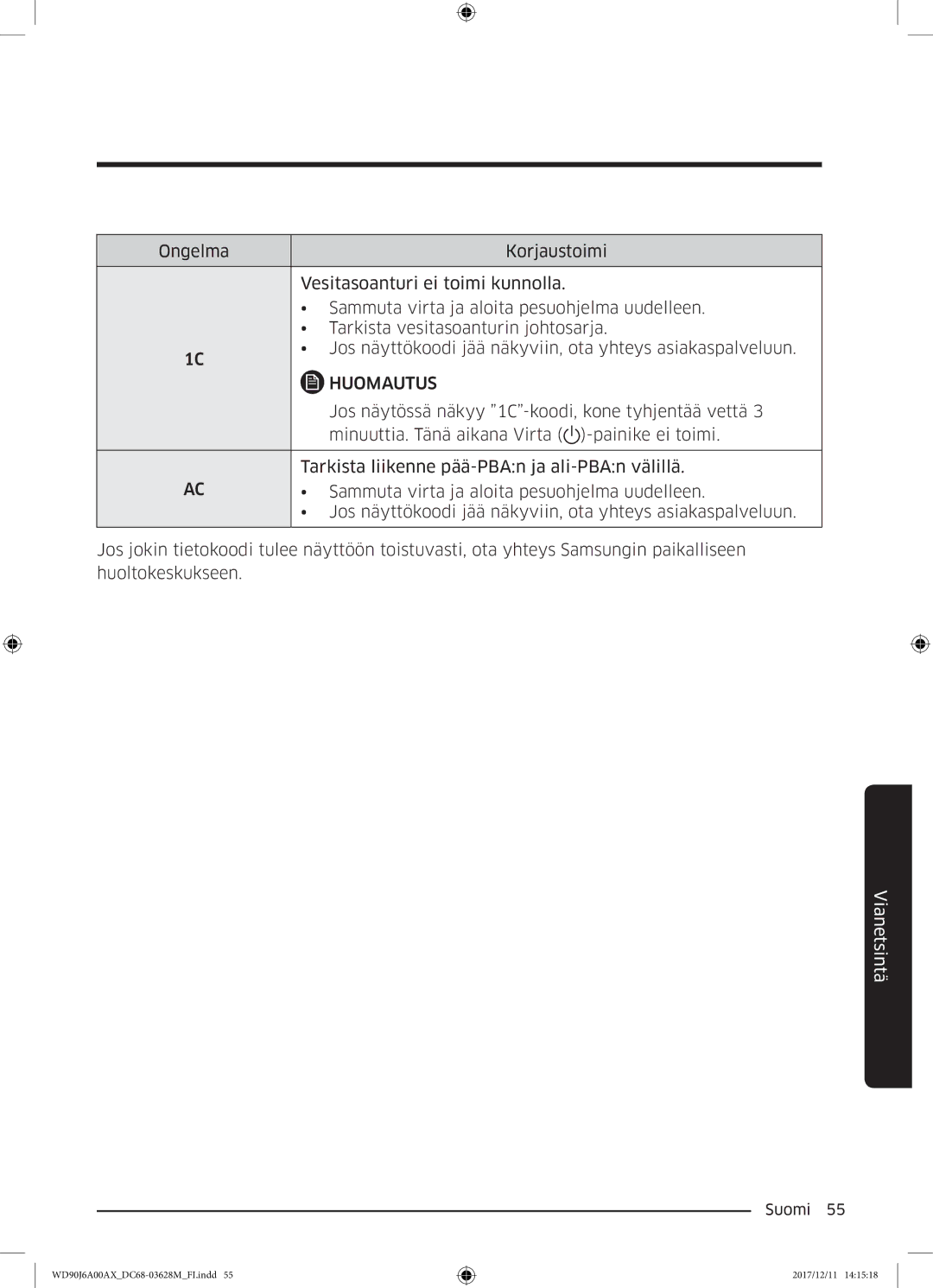 Samsung WD90J6A00AX/EE, WD90J6A00AW/EE, WD80J6A00AW/EE manual Jos näytössä näkyy 1C-koodi, kone tyhjentää vettä 