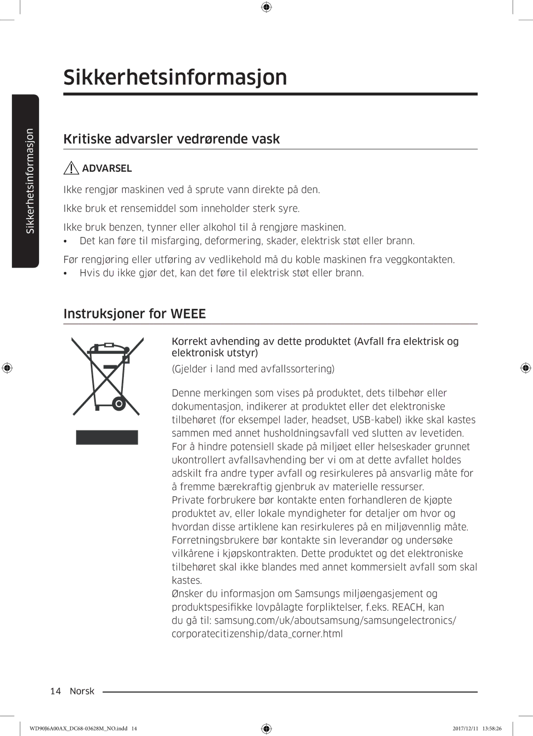 Samsung WD80J6A00AW/EE, WD90J6A00AX/EE, WD90J6A00AW/EE manual Kritiske advarsler vedrørende vask, Instruksjoner for Weee 