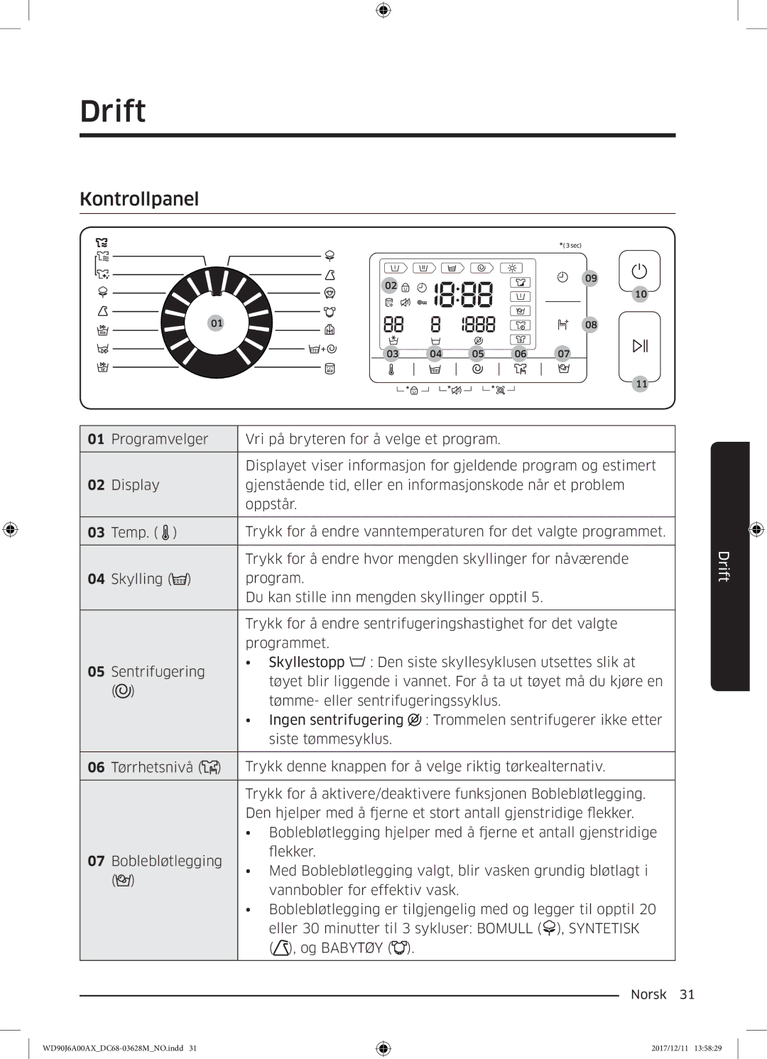 Samsung WD90J6A00AW/EE, WD90J6A00AX/EE, WD80J6A00AW/EE manual Drift, Kontrollpanel 