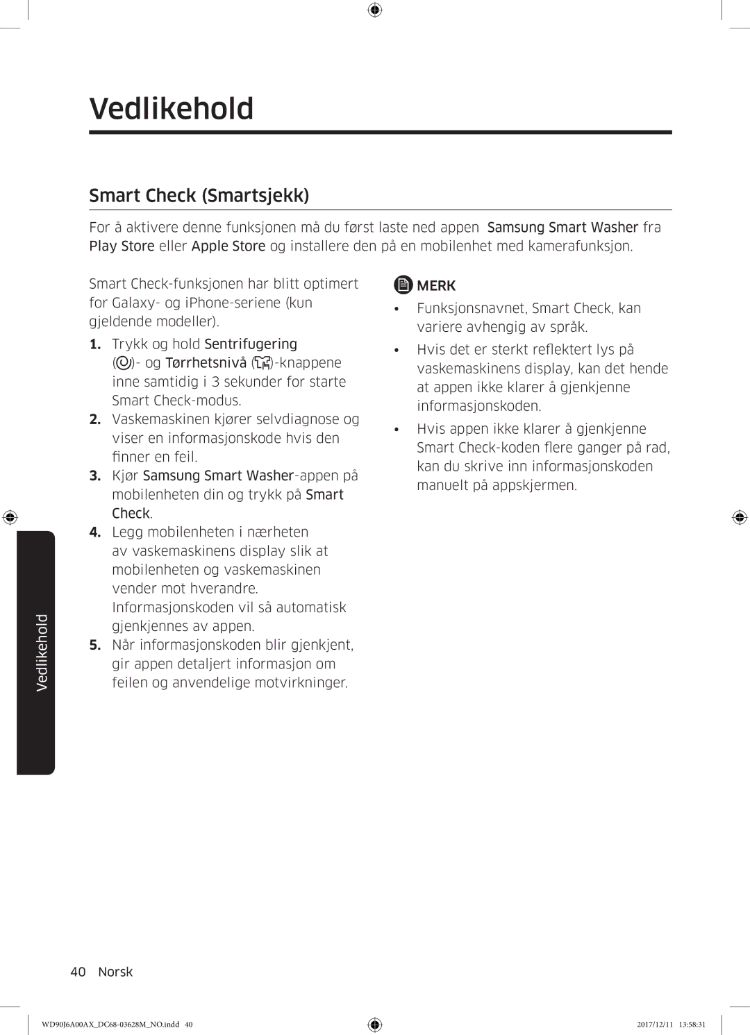 Samsung WD90J6A00AW/EE, WD90J6A00AX/EE, WD80J6A00AW/EE manual Smart Check Smartsjekk 