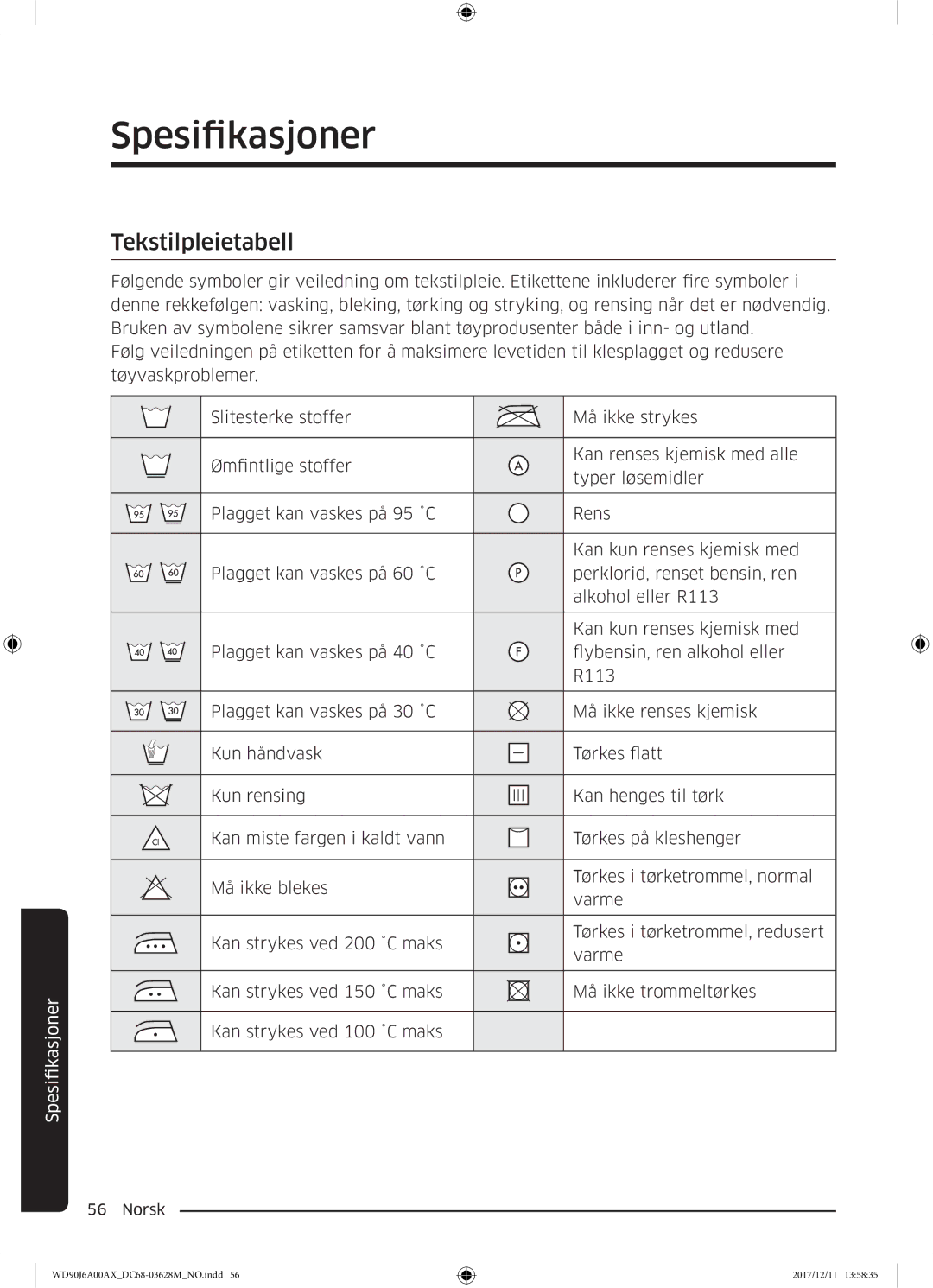 Samsung WD80J6A00AW/EE, WD90J6A00AX/EE, WD90J6A00AW/EE manual Spesifikasjoner, Tekstilpleietabell 