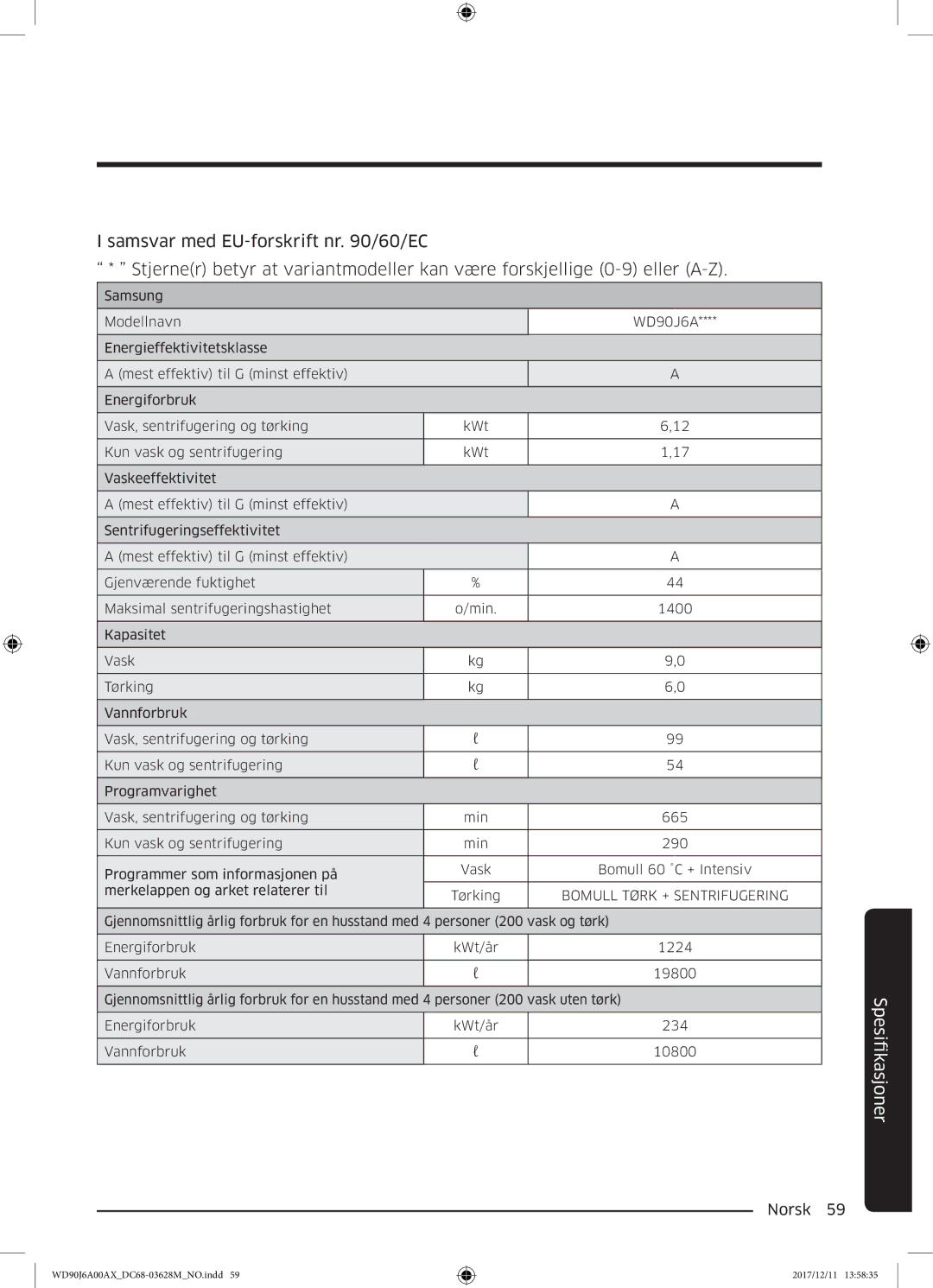 Samsung WD80J6A00AW/EE, WD90J6A00AX/EE, WD90J6A00AW/EE manual Bomull Tørk + Sentrifugering 