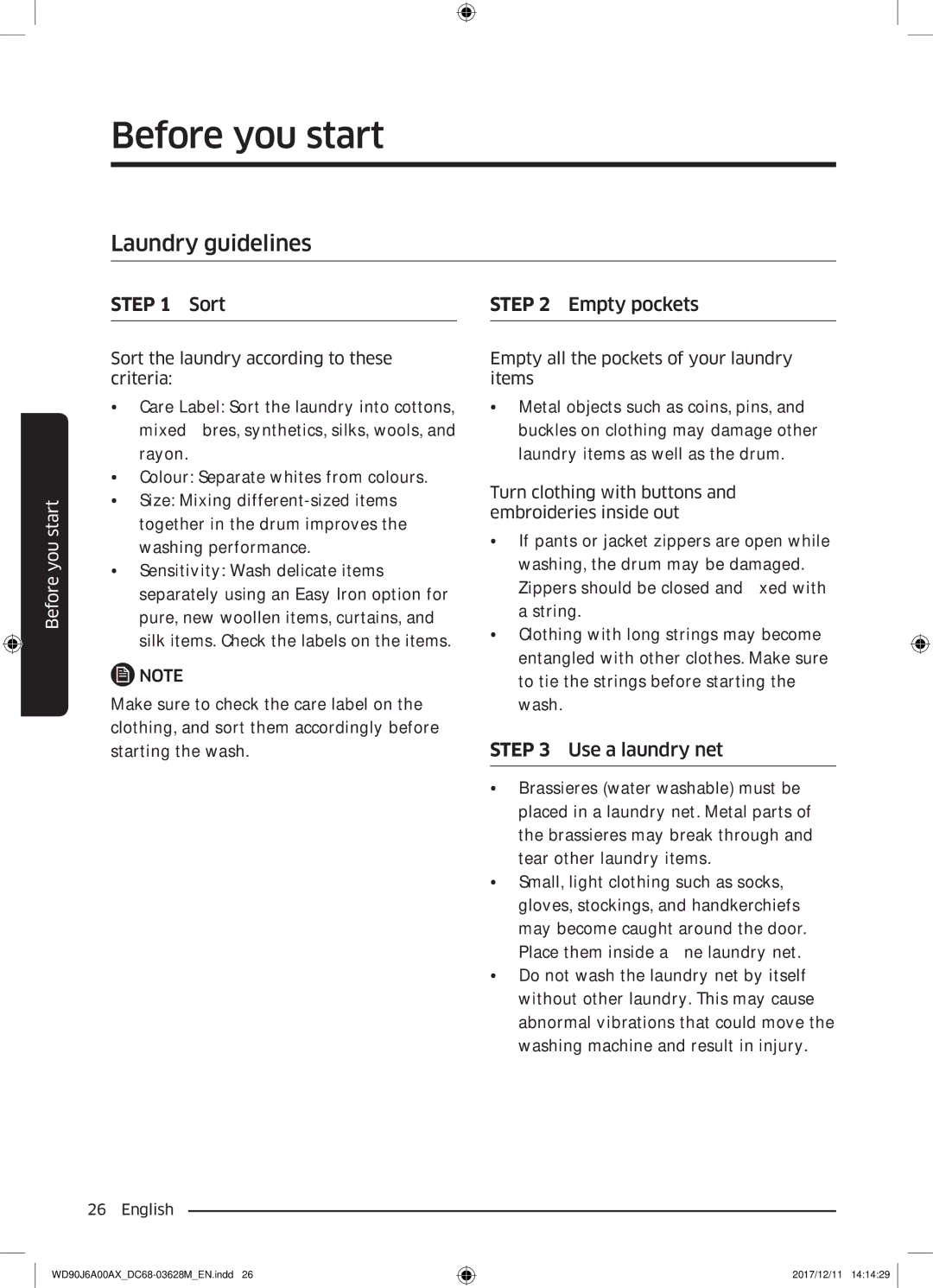 Samsung WD80J6A00AW/EE, WD90J6A00AX/EE, WD90J6A00AW/EE manual Laundry guidelines, Sort 