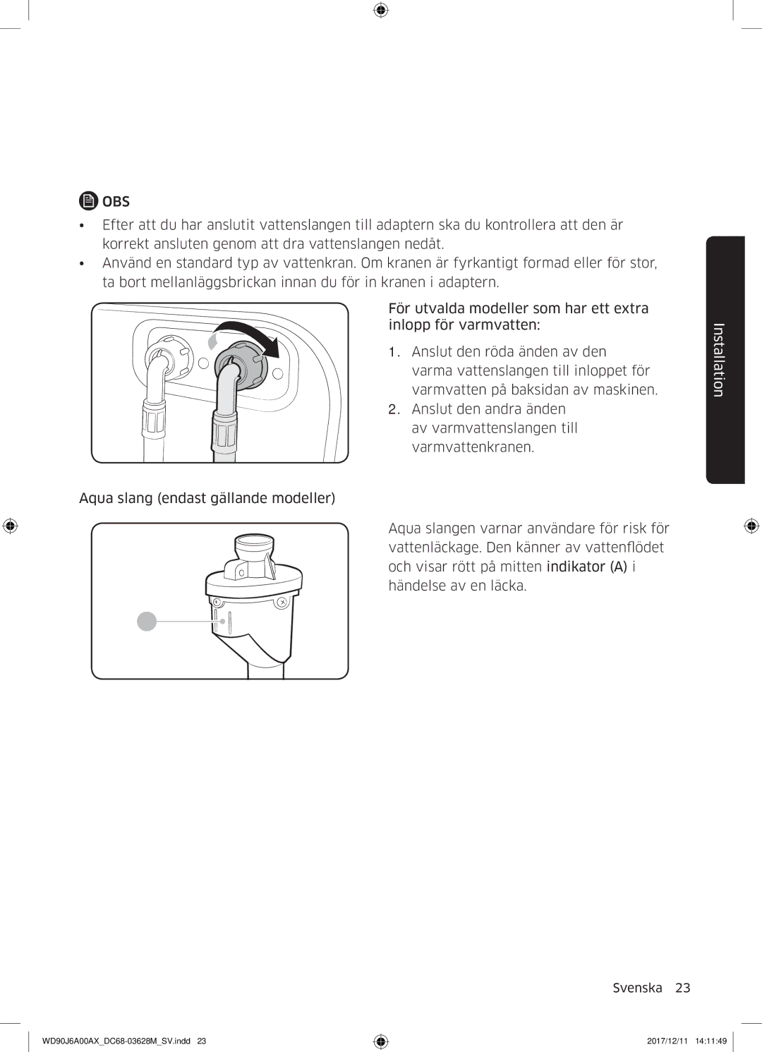 Samsung WD90J6A00AX/EE, WD90J6A00AW/EE, WD80J6A00AW/EE manual Obs 