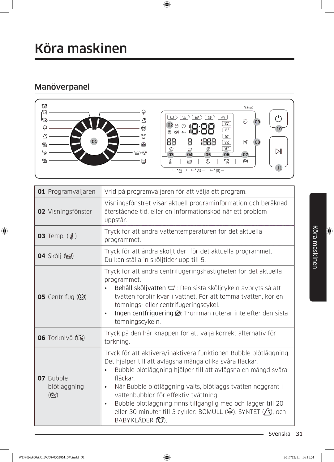 Samsung WD80J6A00AW/EE, WD90J6A00AX/EE, WD90J6A00AW/EE manual Köra maskinen, Manöverpanel 