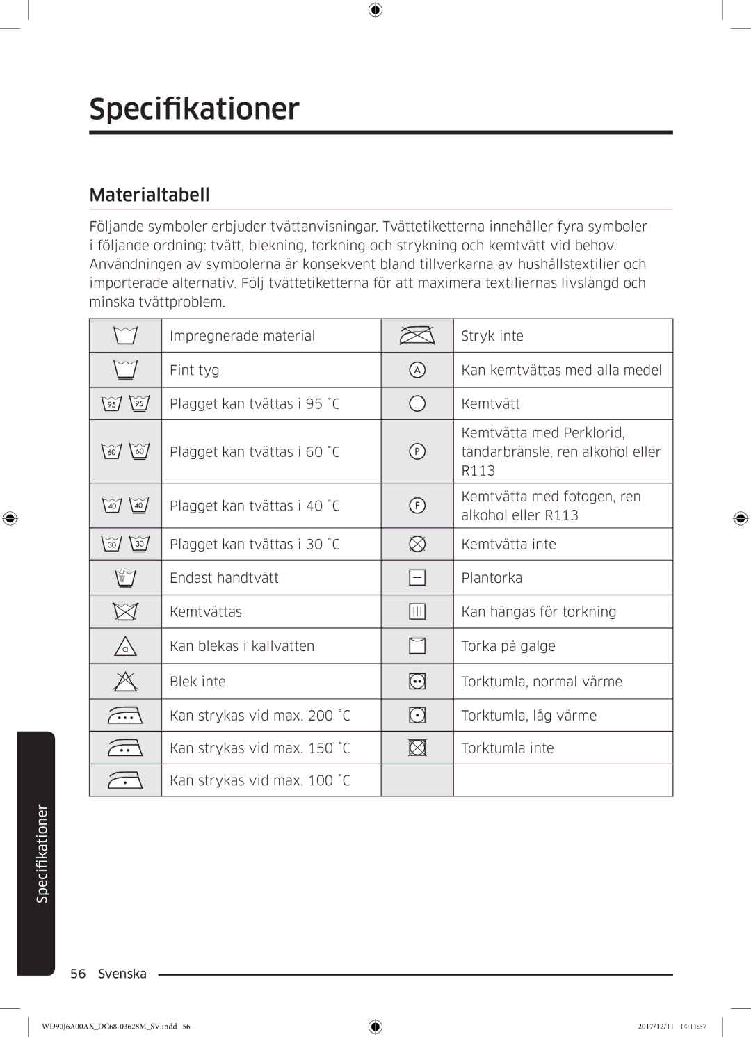 Samsung WD90J6A00AX/EE, WD90J6A00AW/EE, WD80J6A00AW/EE manual Specifikationer, Materialtabell 