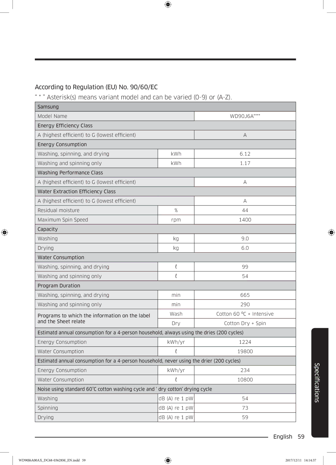 Samsung WD80J6A00AW/EE, WD90J6A00AX/EE, WD90J6A00AW/EE manual FicationsSpeci 