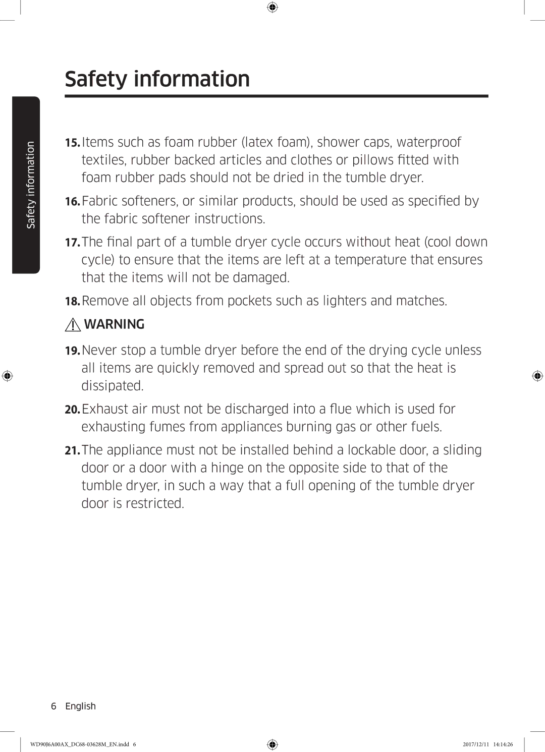 Samsung WD90J6A00AX/EE, WD90J6A00AW/EE, WD80J6A00AW/EE manual Safety information 