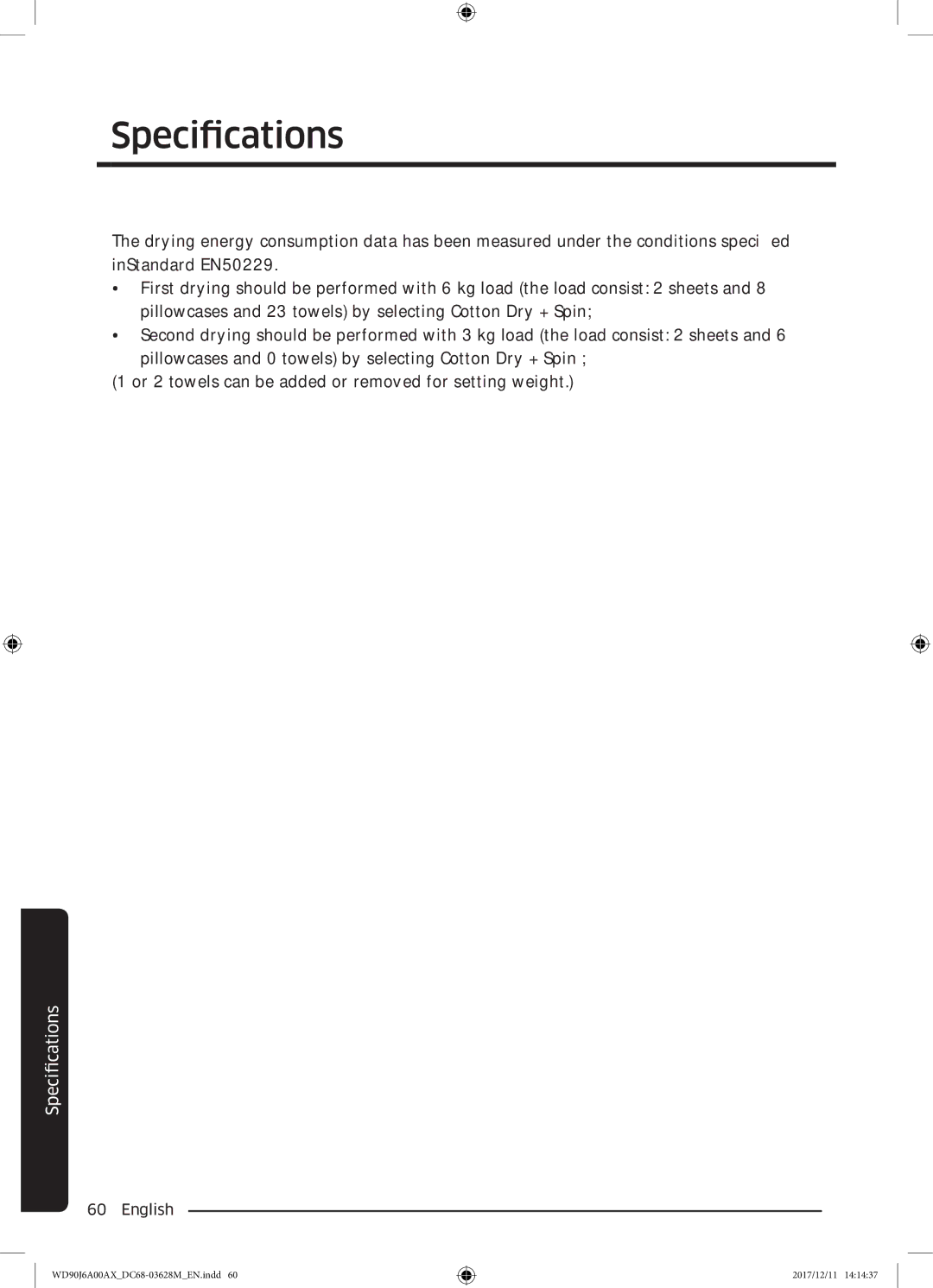 Samsung WD90J6A00AX/EE, WD90J6A00AW/EE, WD80J6A00AW/EE manual Specifications 