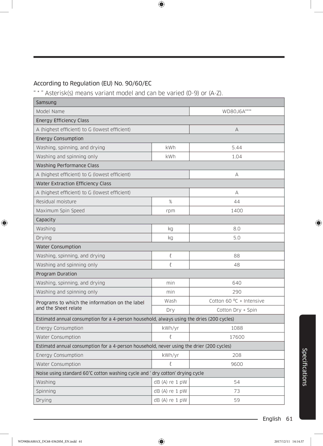 Samsung WD90J6A00AW/EE, WD90J6A00AX/EE, WD80J6A00AW/EE manual FicationsSpeci 