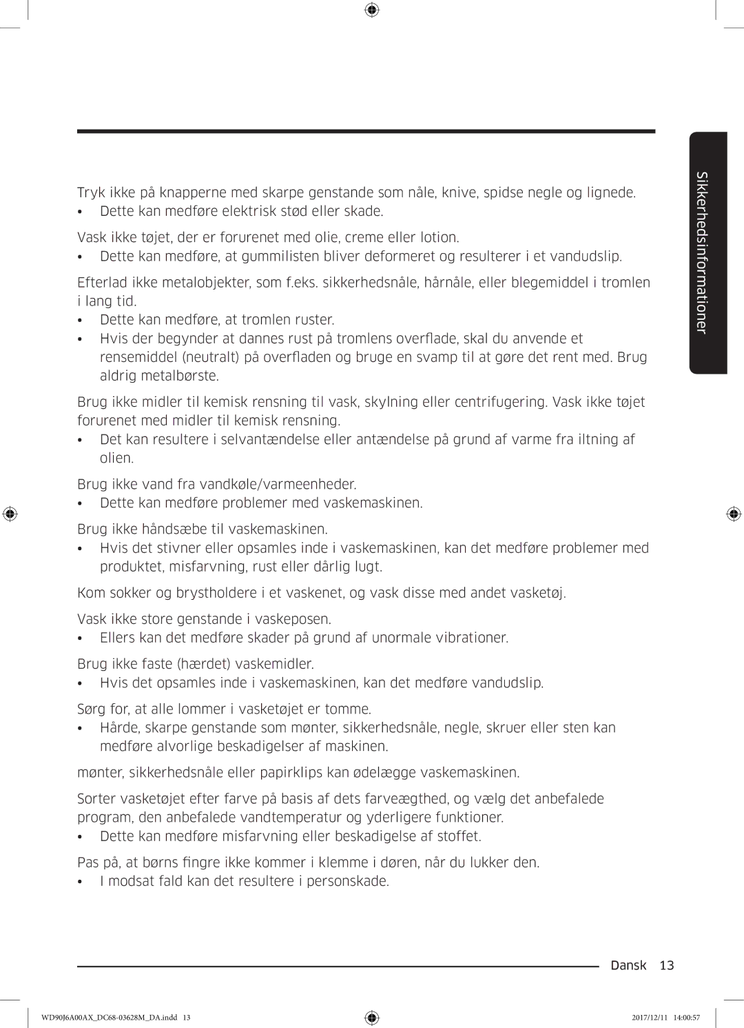 Samsung WD80J6A00AW/EE, WD90J6A00AX/EE, WD90J6A00AW/EE manual Sikkerhedsinformationer 