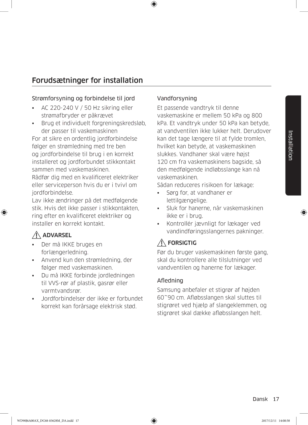 Samsung WD90J6A00AX/EE, WD90J6A00AW/EE, WD80J6A00AW/EE manual Forudsætninger for installation 