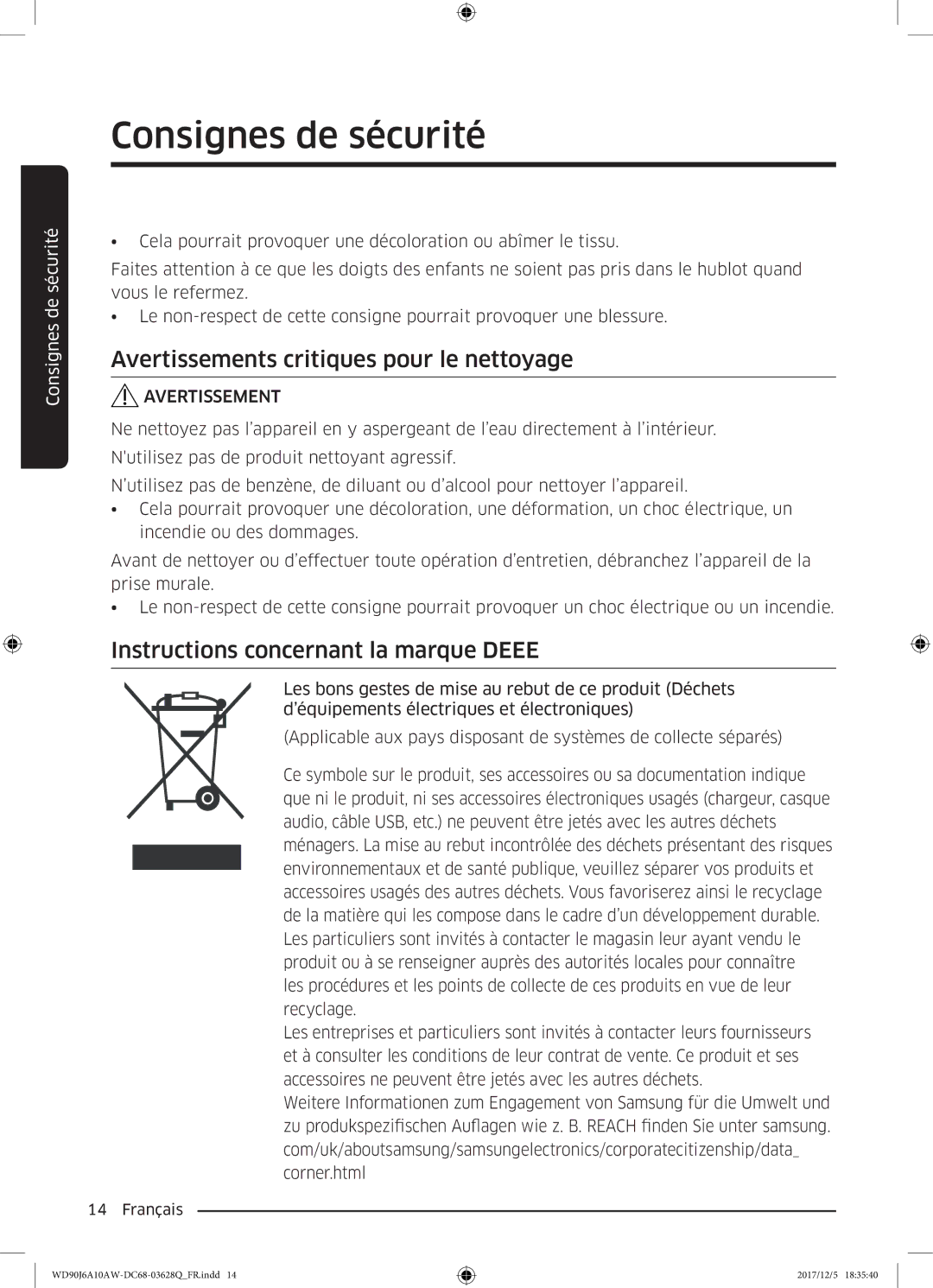 Samsung WD90J6A10AW/EF, WD80J6A10AW/EF Avertissements critiques pour le nettoyage, Instructions concernant la marque Deee 