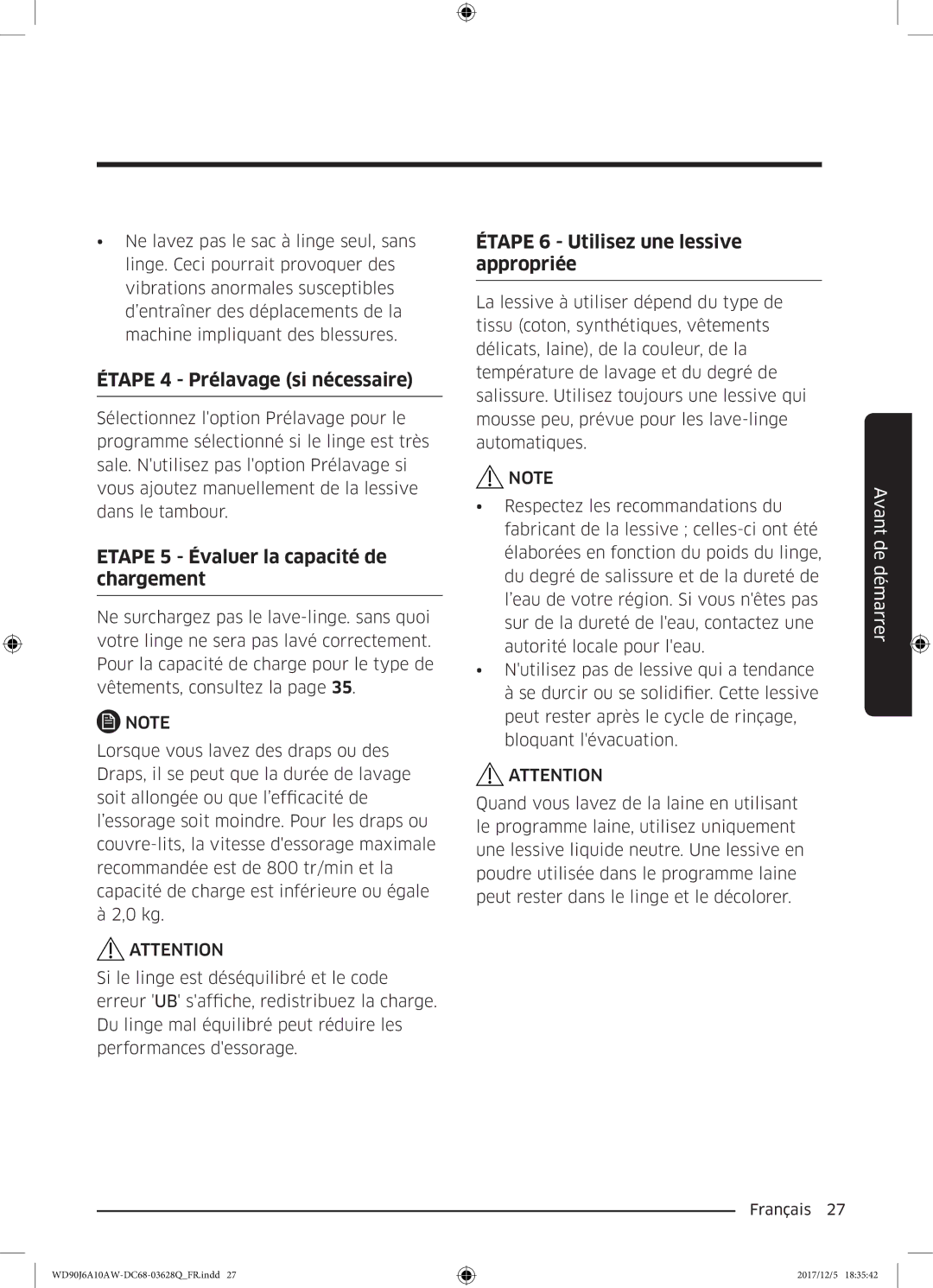 Samsung WD80J6A10AW/EF, WD90J6A10AW/EF manual Étape 4 Prélavage si nécessaire 