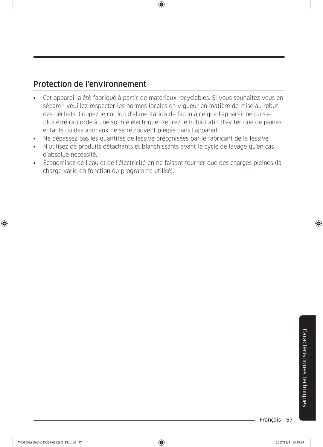 Samsung WD80J6A10AW/EF, WD90J6A10AW/EF manual Protection de l’environnement 