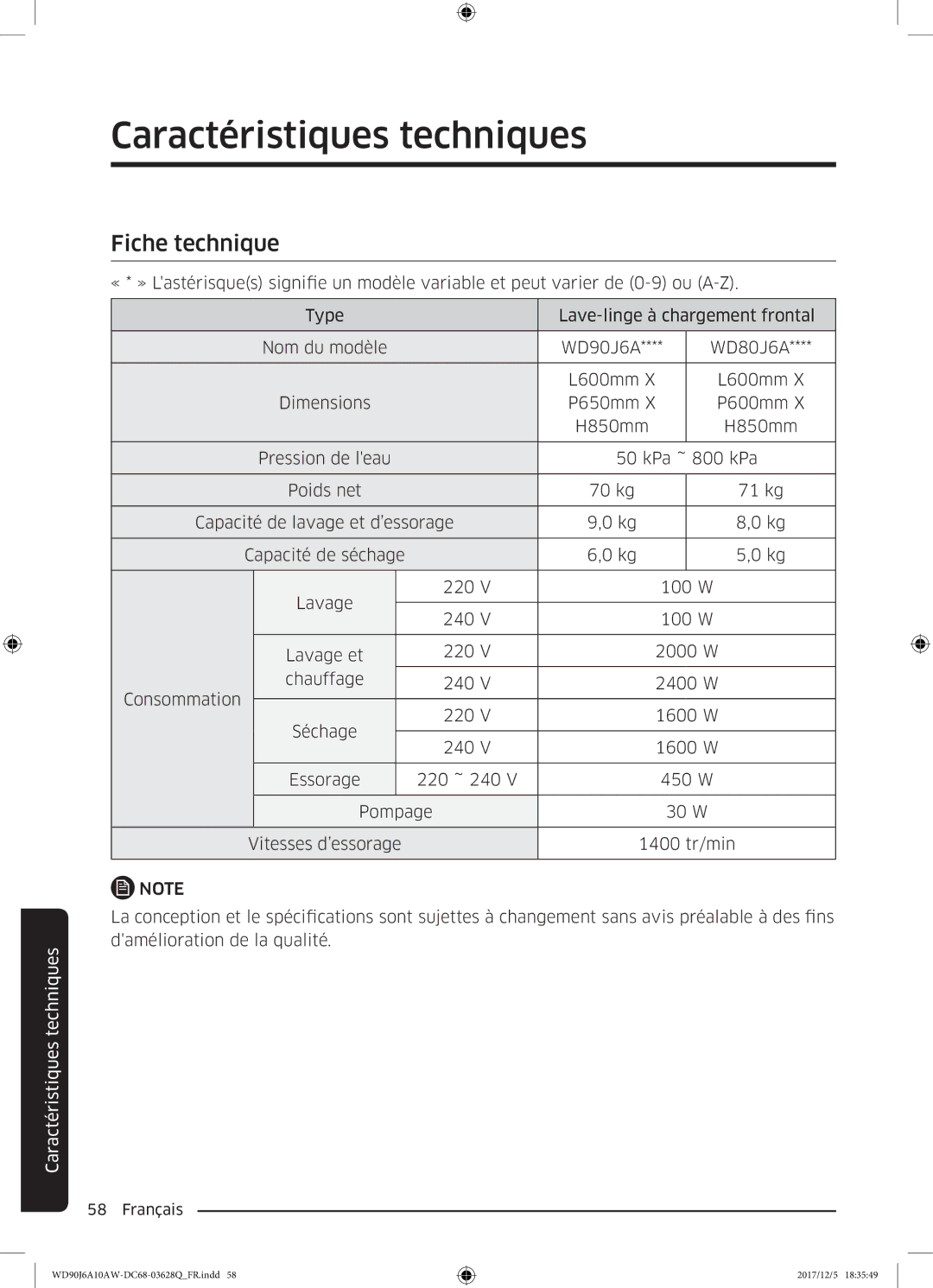 Samsung WD90J6A10AW/EF, WD80J6A10AW/EF manual Fiche technique 