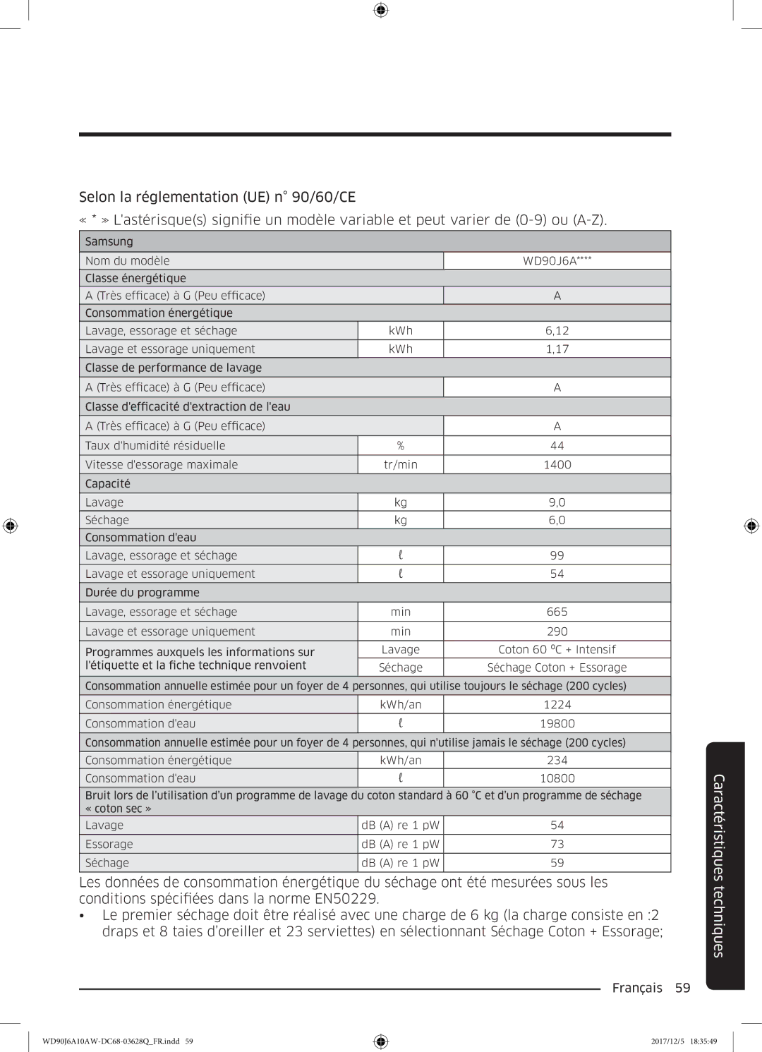 Samsung WD80J6A10AW/EF, WD90J6A10AW/EF manual Caractéristiques techniques 