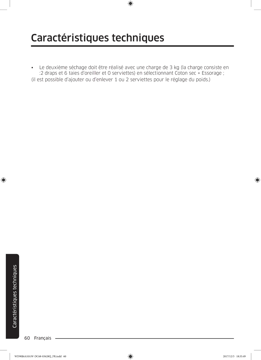 Samsung WD90J6A10AW/EF, WD80J6A10AW/EF manual Caractéristiques techniques 