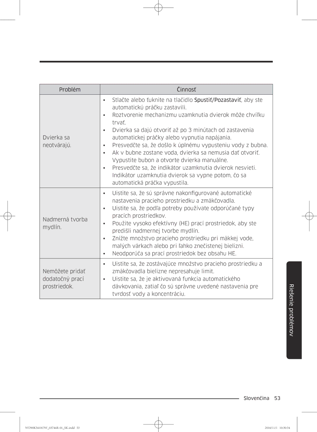 Samsung WD90K5410OW/ZE manual Riešenie problémov 