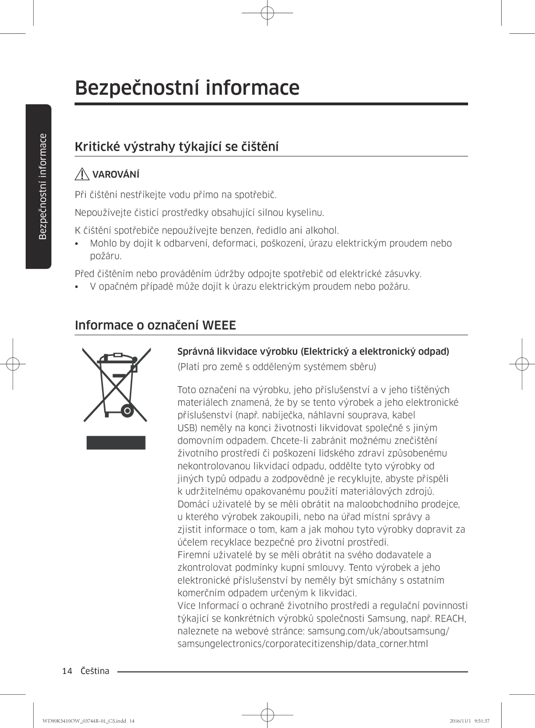 Samsung WD90K5410OW/ZE manual Kritické výstrahy týkající se čištění, Informace o označení Weee 