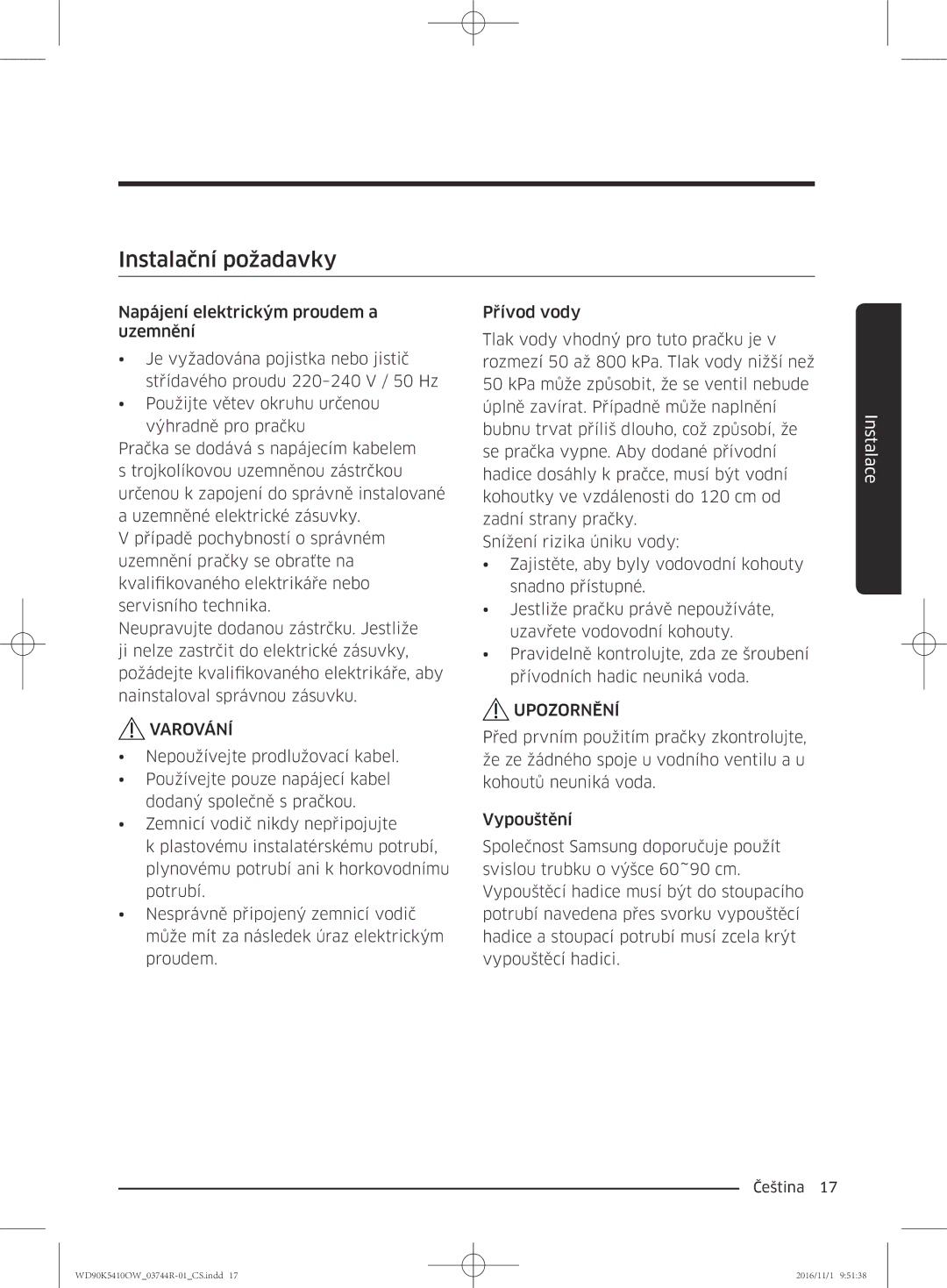 Samsung WD90K5410OW/ZE manual Instalační požadavky, Varování 