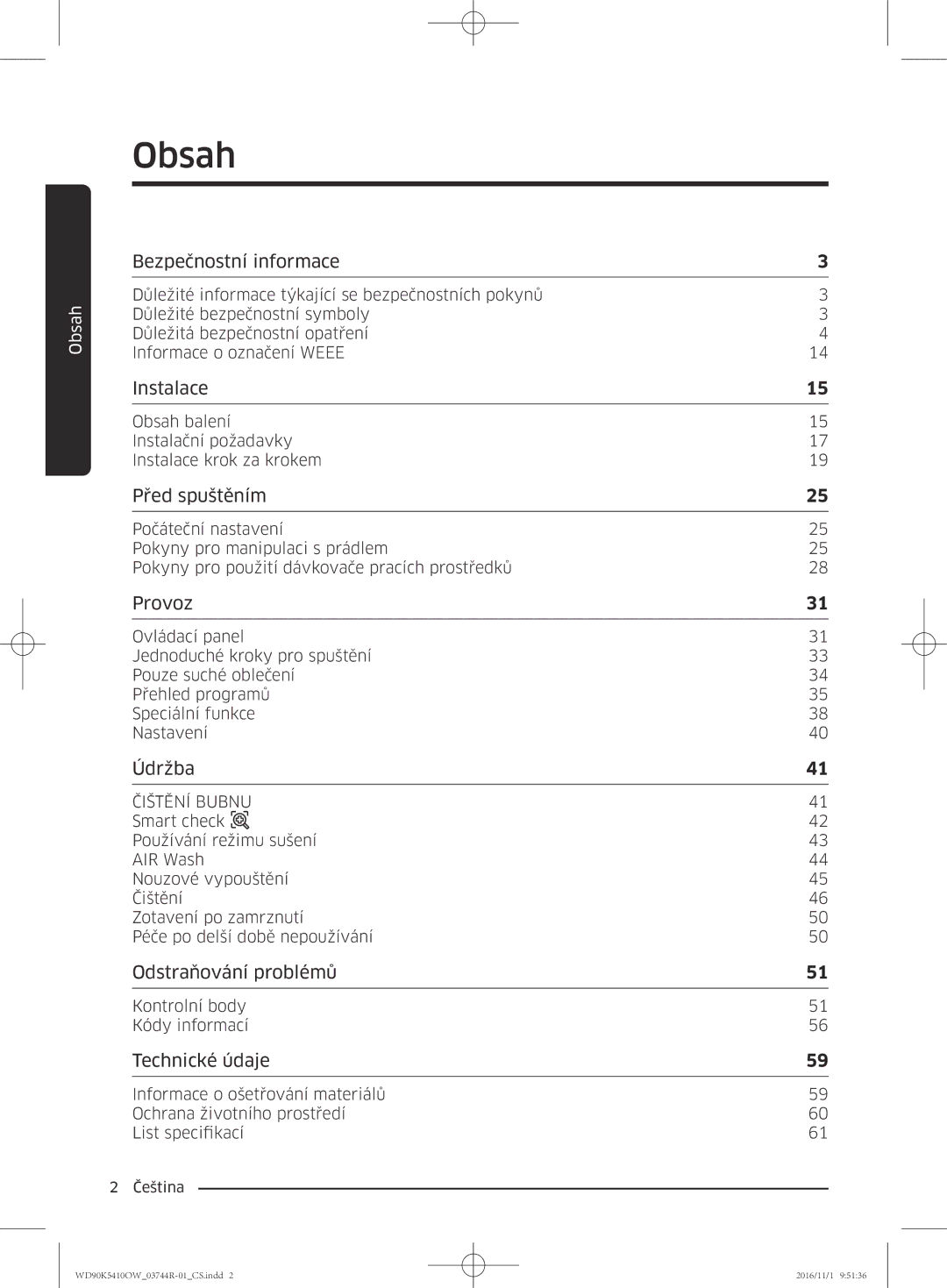 Samsung WD90K5410OW/ZE manual Obsah, Bezpečnostní informace 