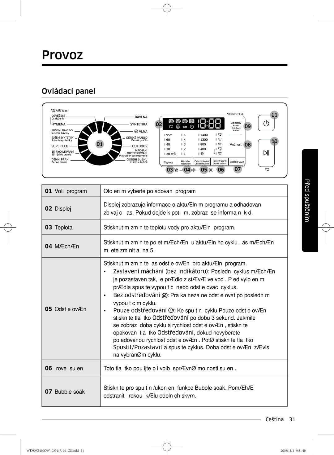 Samsung WD90K5410OW/ZE manual Provoz, Ovládací panel 