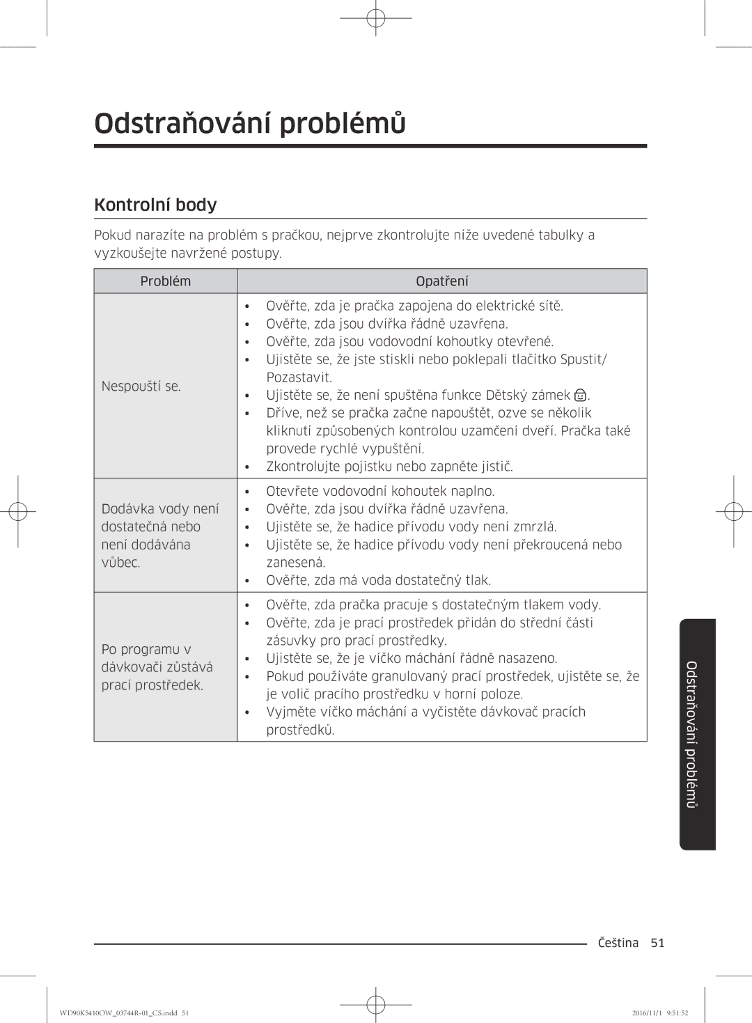 Samsung WD90K5410OW/ZE manual Odstraňování problémů, Kontrolní body 