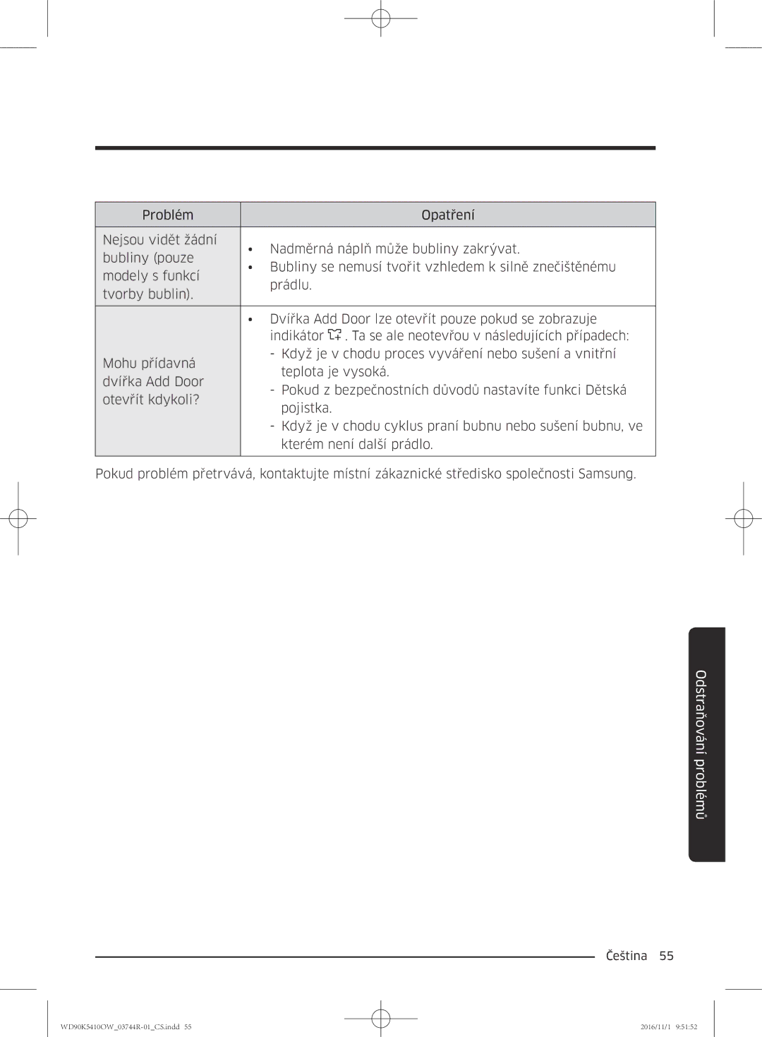 Samsung WD90K5410OW/ZE manual Odstraňování problémů 