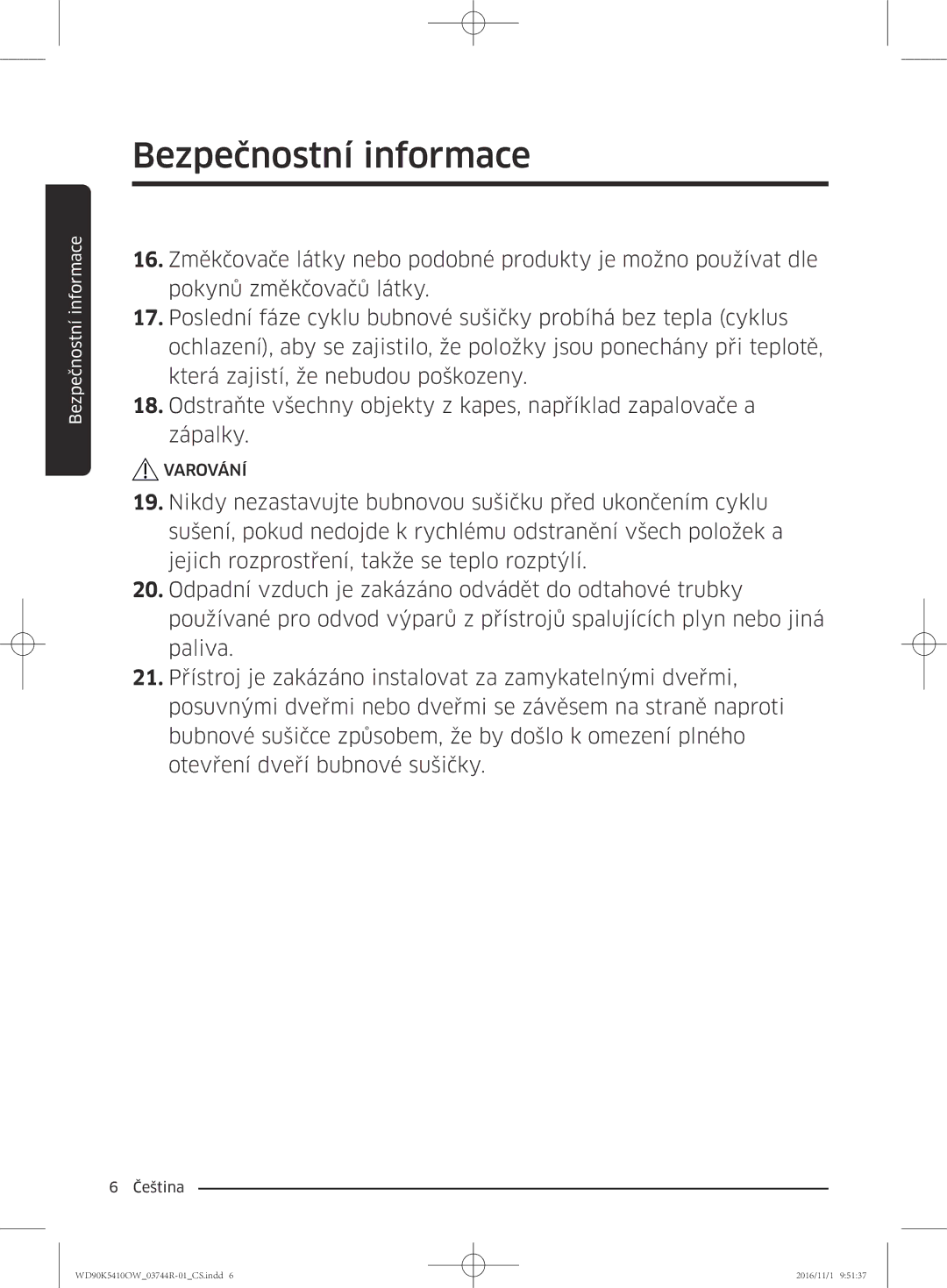 Samsung WD90K5410OW/ZE manual Bezpečnostní informace 