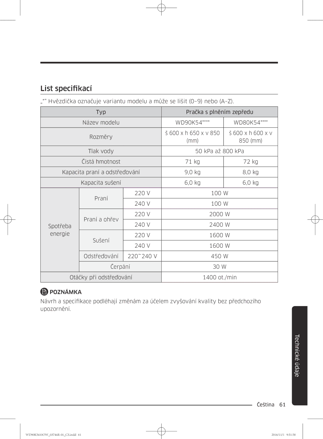 Samsung WD90K5410OW/ZE manual List specifikací, Poznámka 