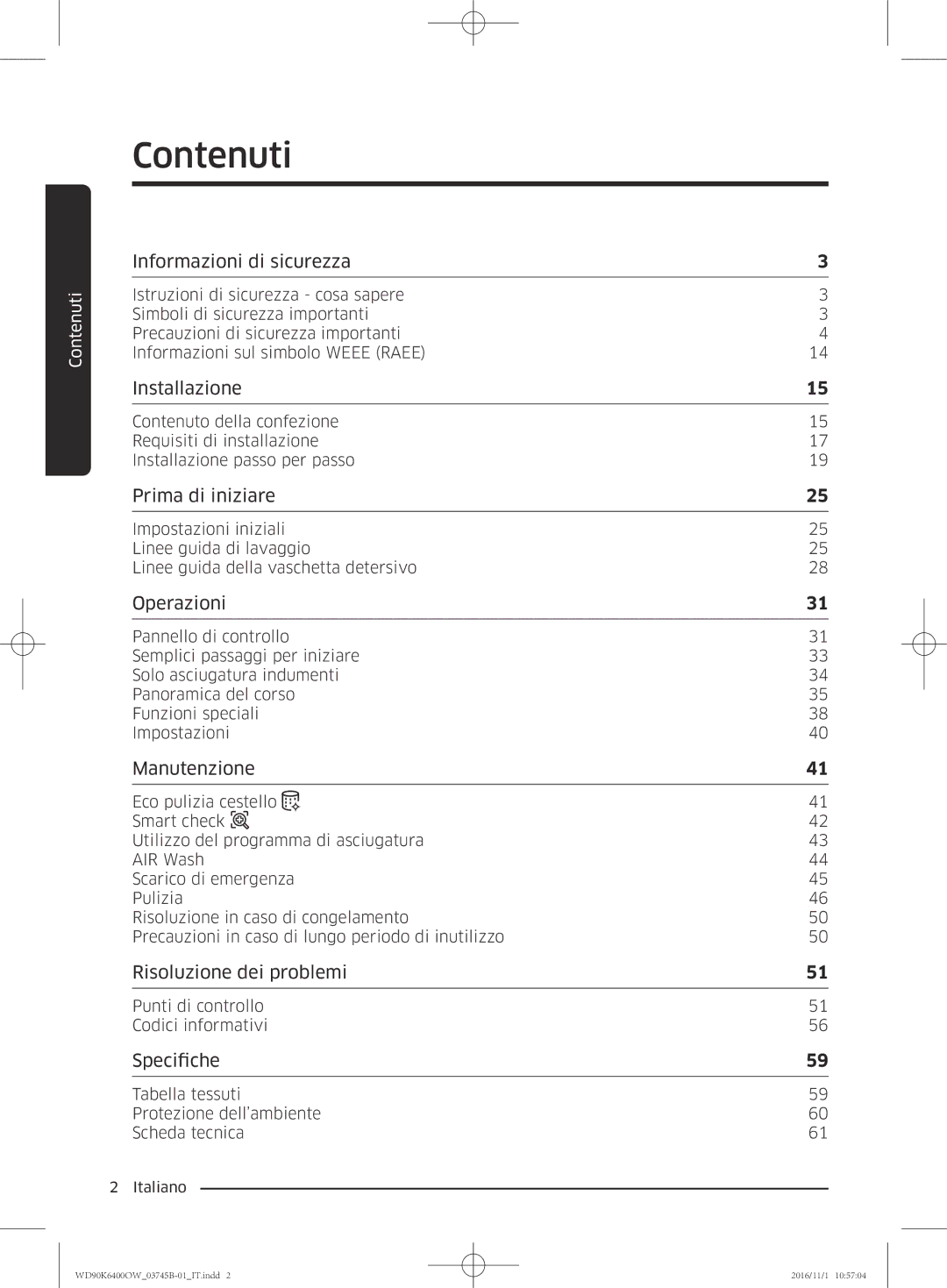 Samsung WD90K6400OW/ET manual Contenuti, Informazioni di sicurezza 