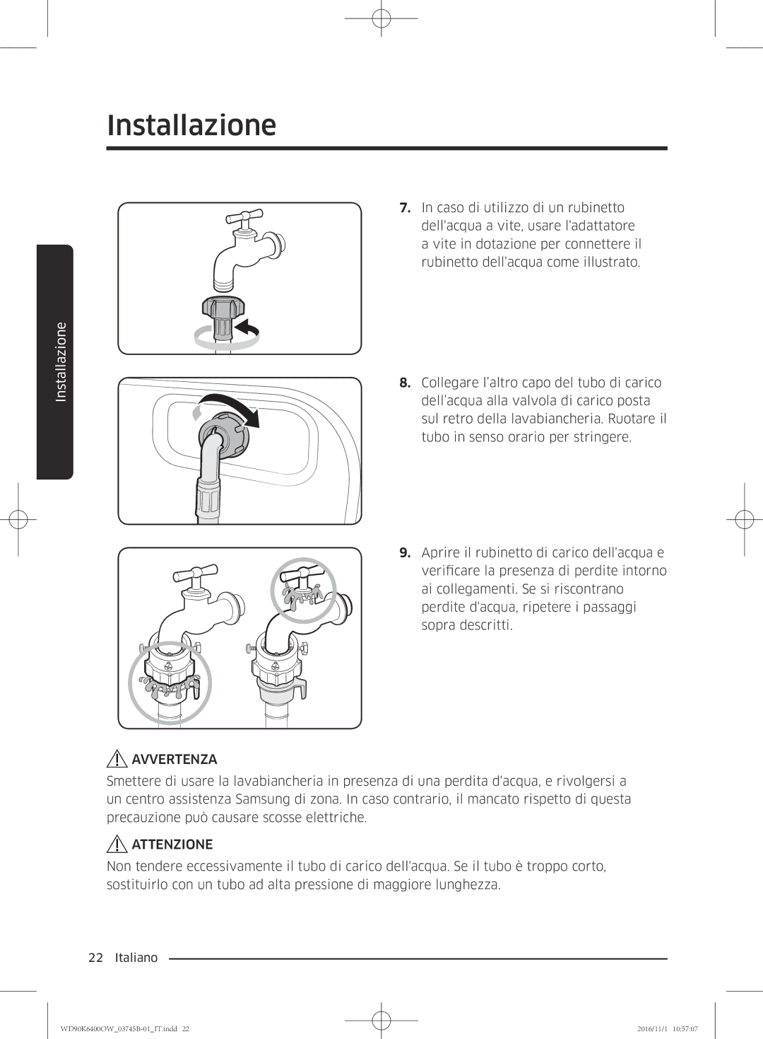 Samsung WD90K6400OW/ET manual Avvertenza 