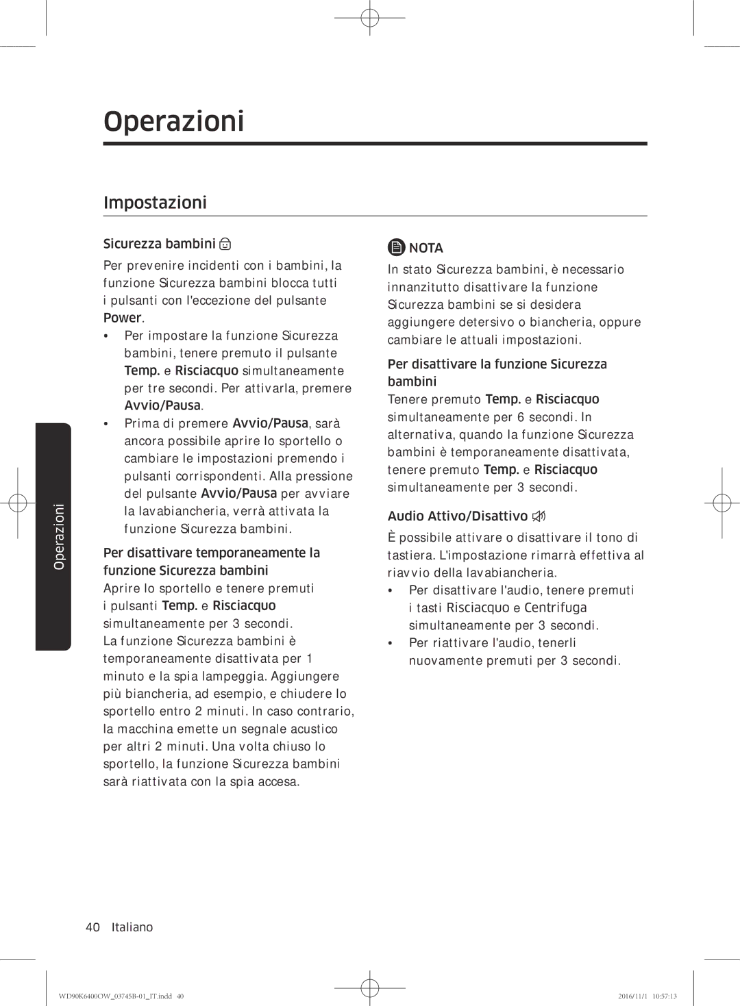 Samsung WD90K6400OW/ET manual Impostazioni 