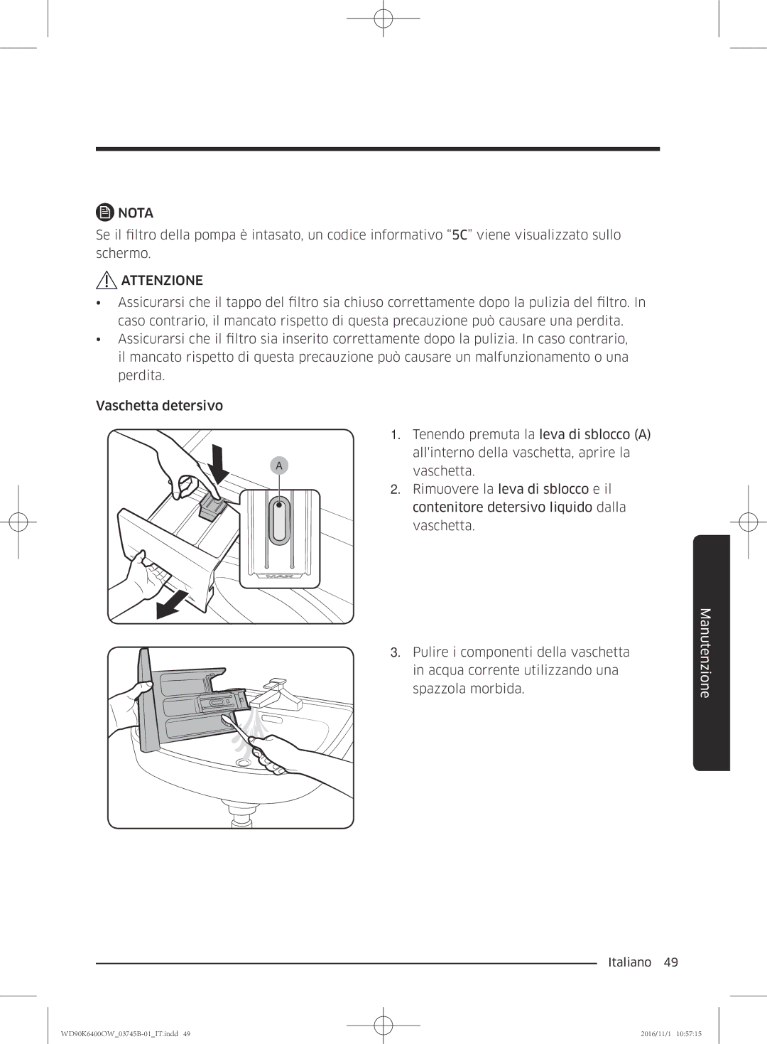 Samsung WD90K6400OW/ET manual Attenzione 