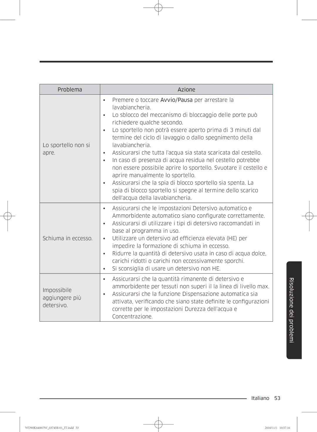 Samsung WD90K6400OW/ET manual Risoluzione dei problemi 