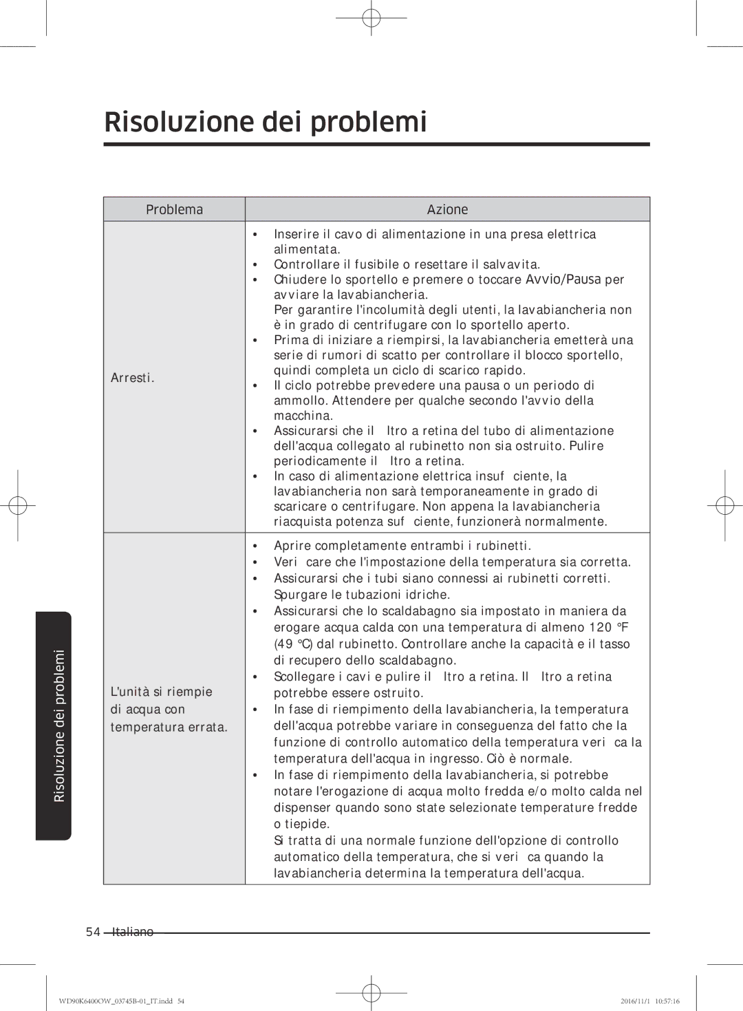 Samsung WD90K6400OW/ET manual Risoluzione dei problemi 