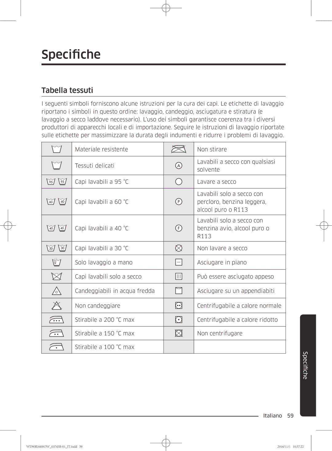 Samsung WD90K6400OW/ET manual Specifiche, Tabella tessuti 