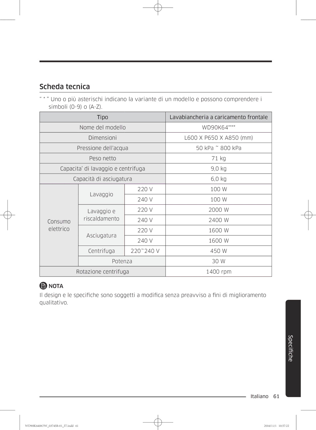 Samsung WD90K6400OW/ET manual Scheda tecnica 