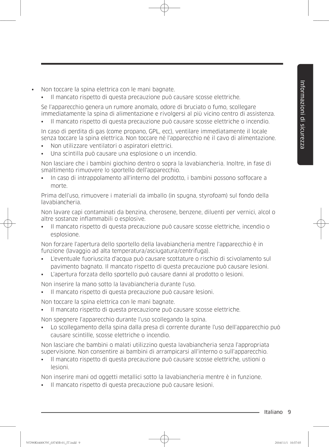 Samsung WD90K6400OW/ET manual Informazioni di sicurezza 