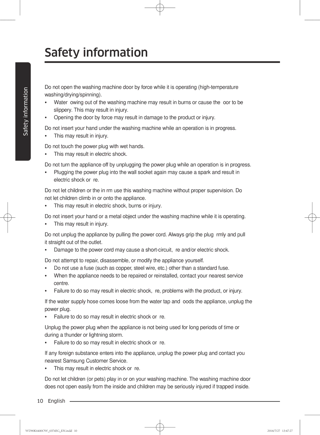 Samsung WD90K6400OW/ZE manual Safety information 