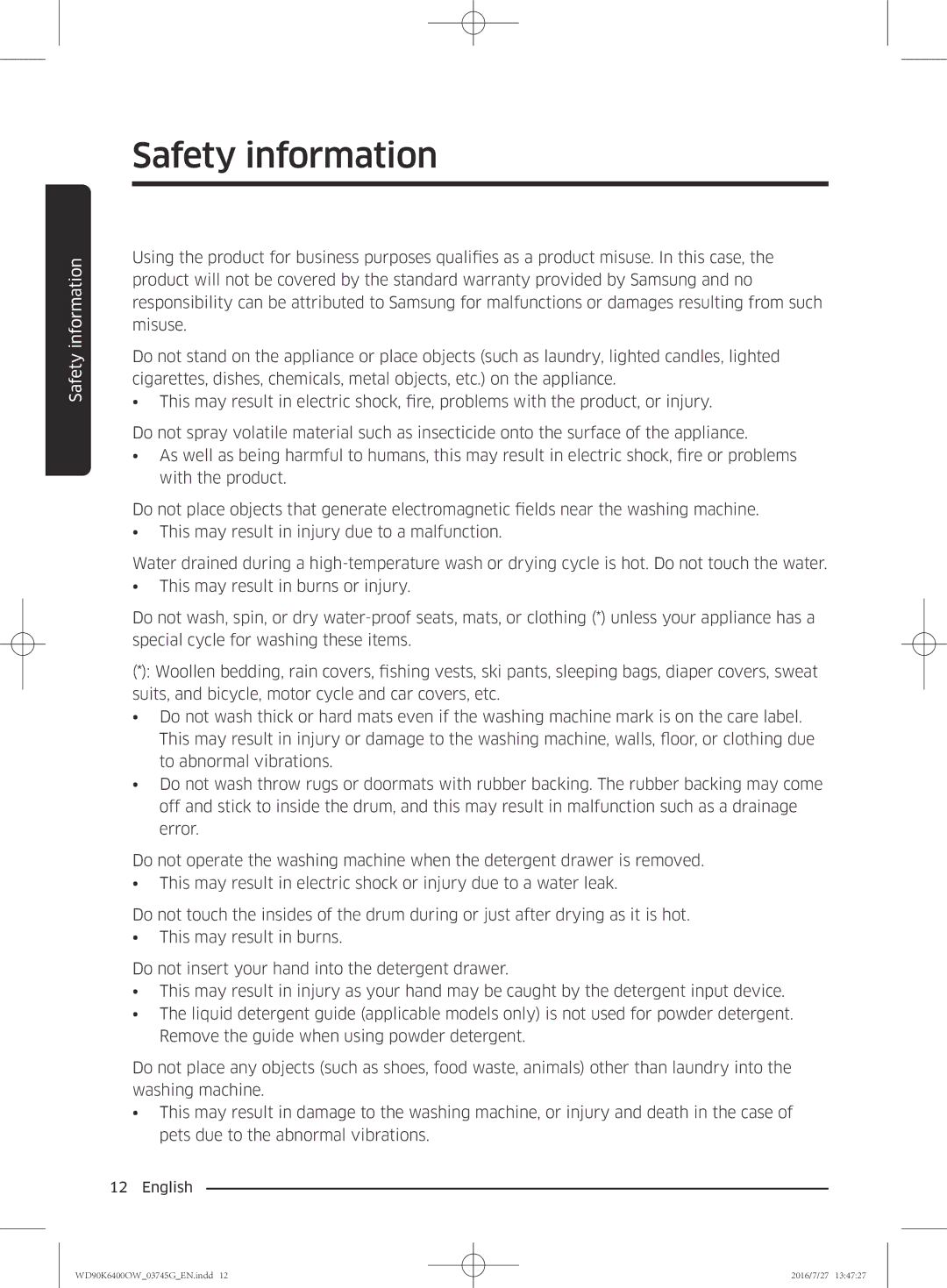 Samsung WD90K6400OW/ZE manual Safety information 