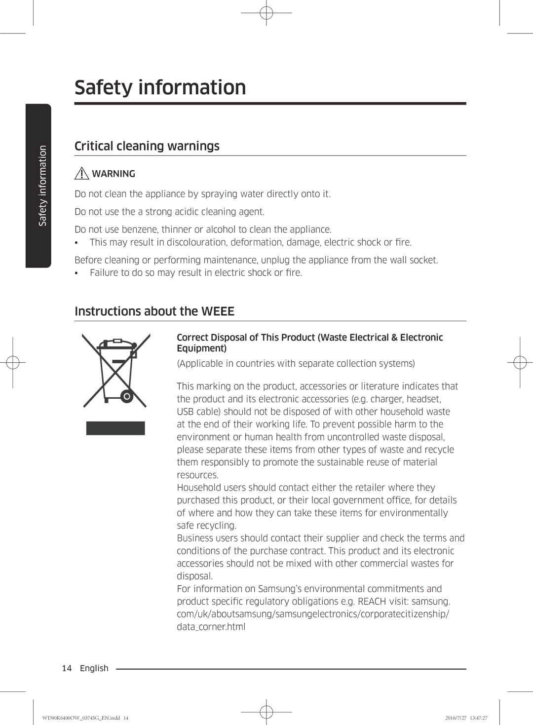 Samsung WD90K6400OW/ZE manual Critical cleaning warnings, Instructions about the Weee 